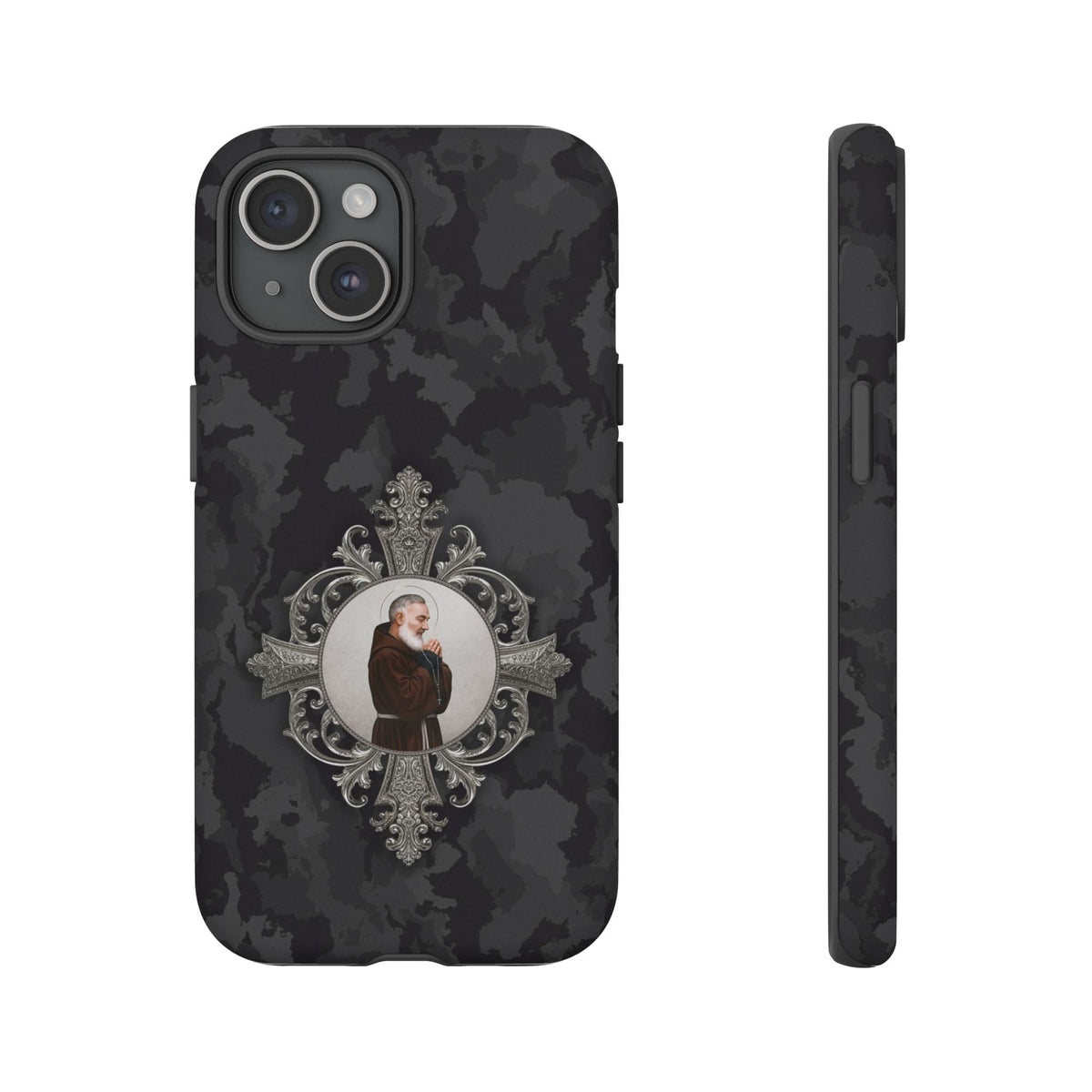 St. Padre Pio Hard Phone Case (Black Camo) Copyright VENXARA