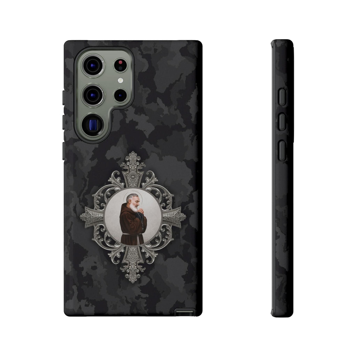St. Padre Pio Hard Phone Case (Black Camo) Copyright VENXARA