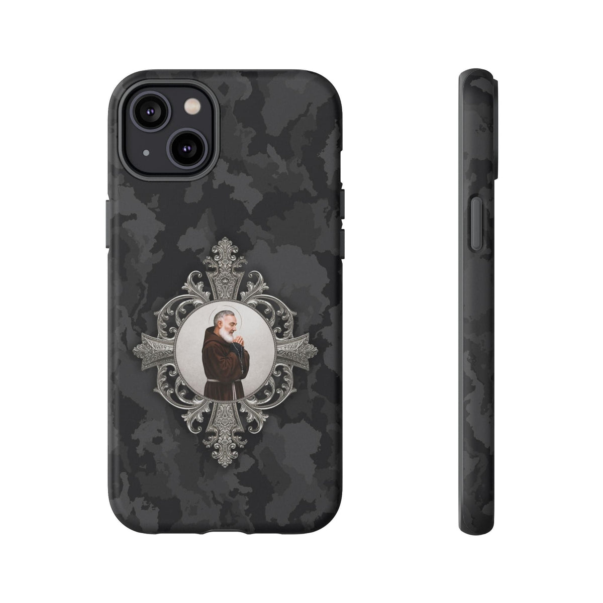 St. Padre Pio Hard Phone Case (Black Camo) Copyright VENXARA