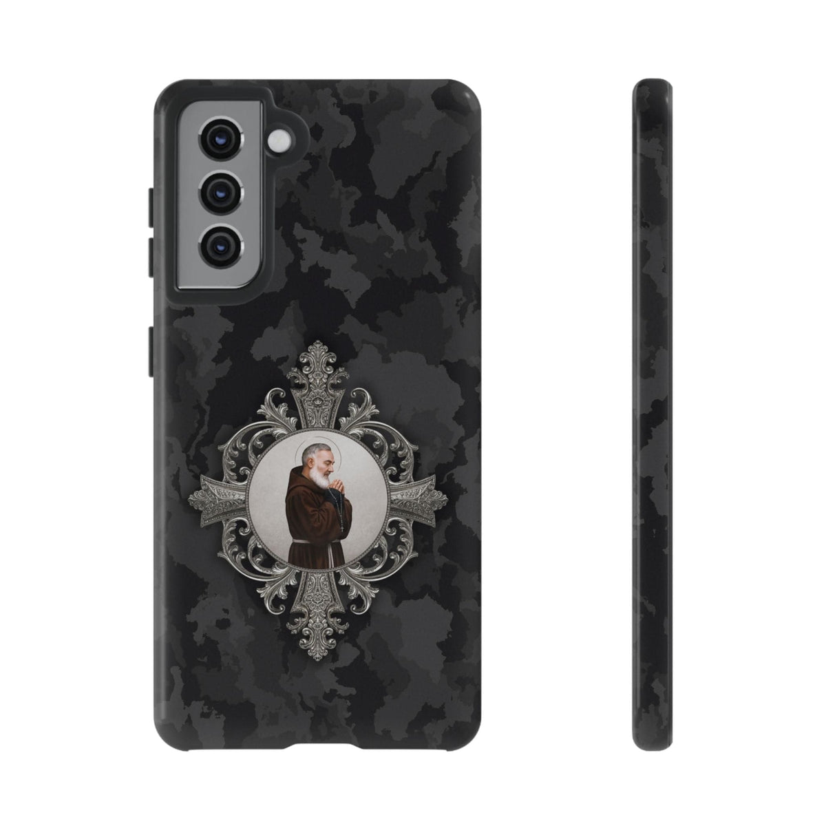 St. Padre Pio Hard Phone Case (Black Camo) Copyright VENXARA