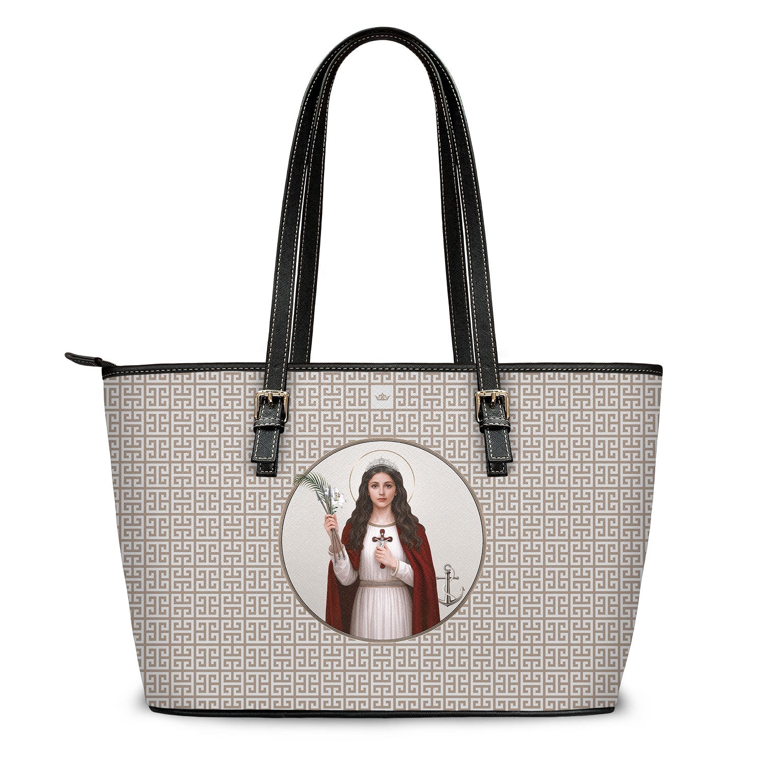 St. Philomena Greek Key Tote Bag (Tan) - Venxara
