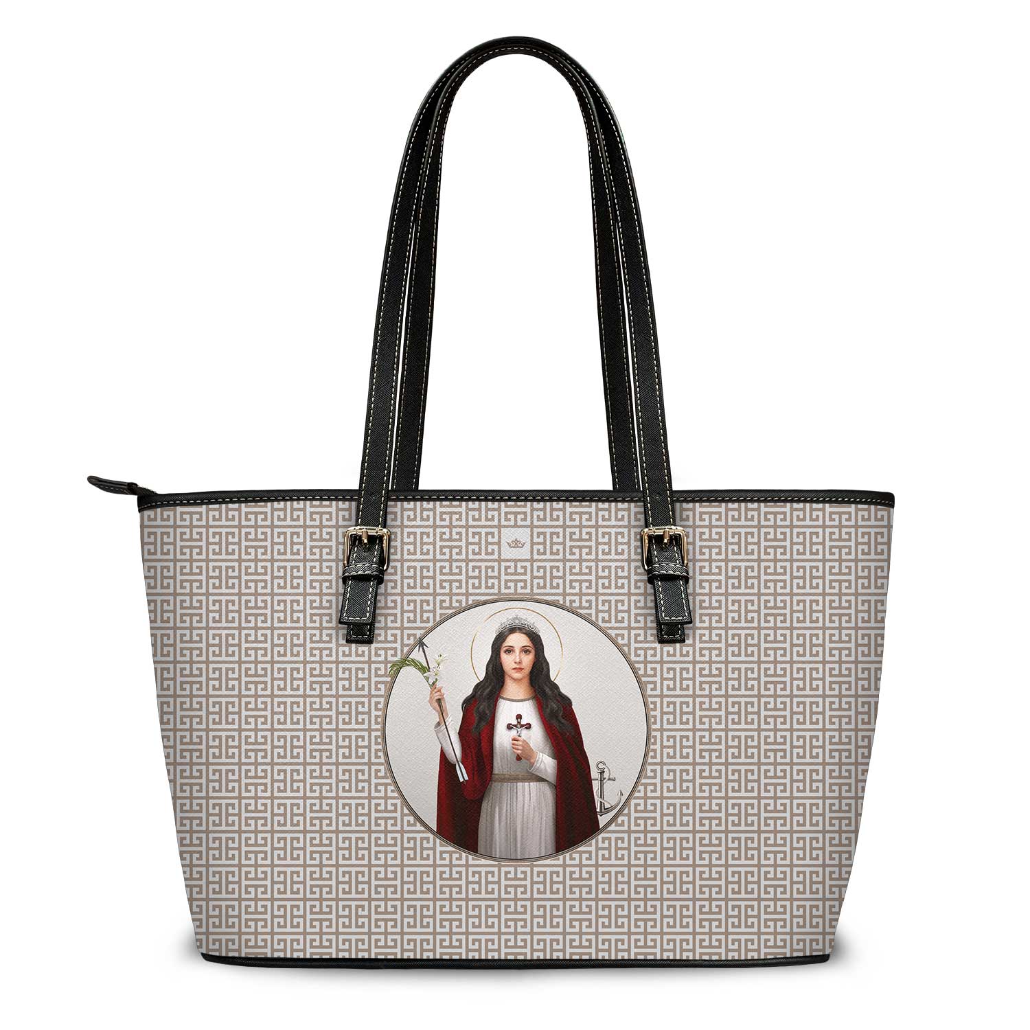 St. Philomena Greek Key Tote Bag (Tan) - VENXARA®