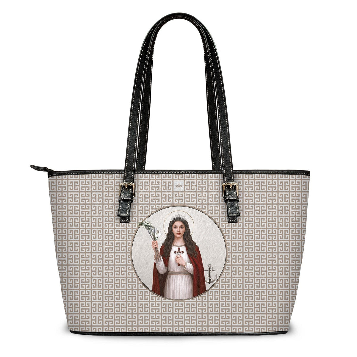 St. Philomena Greek Key Tote Bag (Tan) Copyright VENXARA
