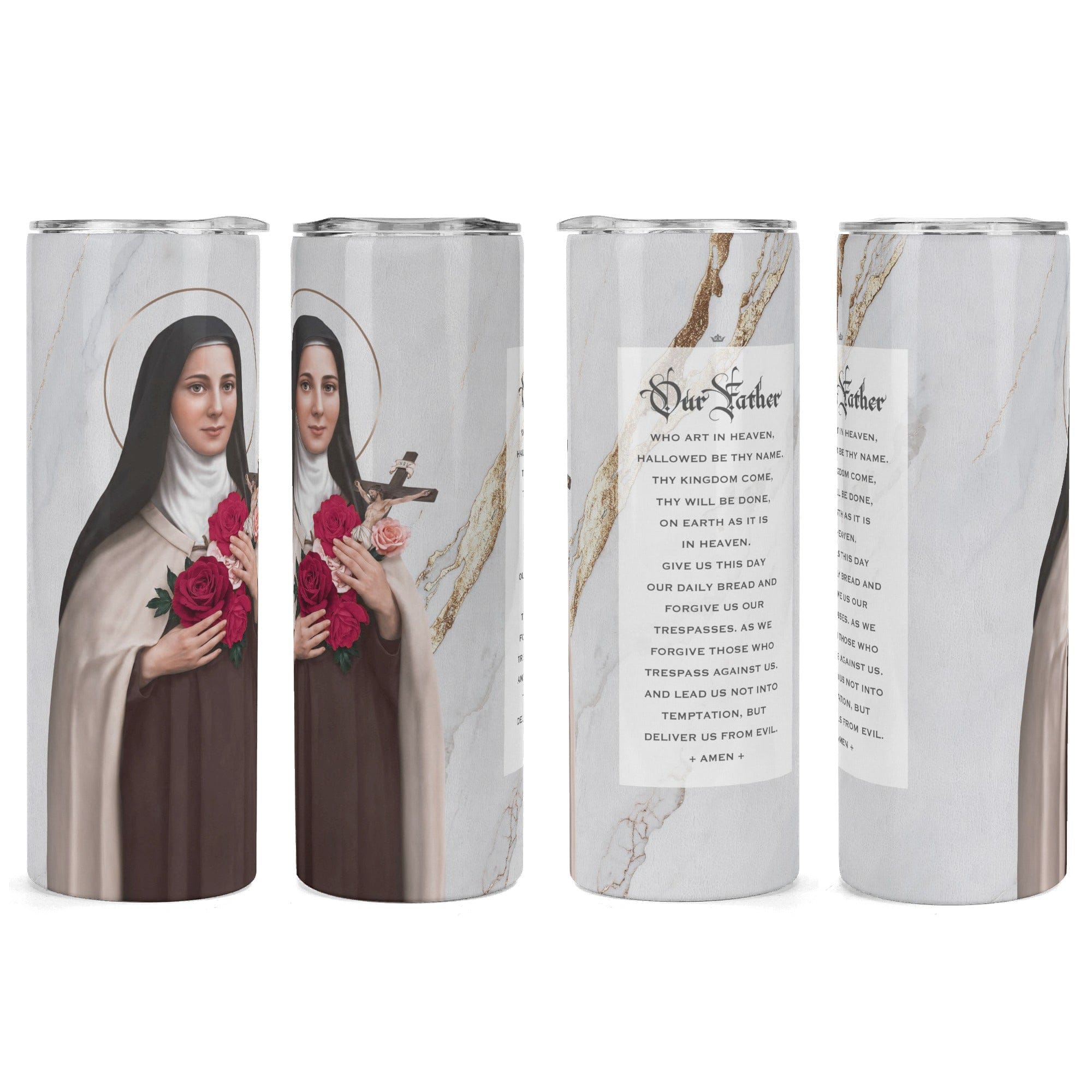 St. Therese of Lisieux Lord's Prayer Skinny Tumbler (Blanc Marble 20 oz) Copyright VENXARA