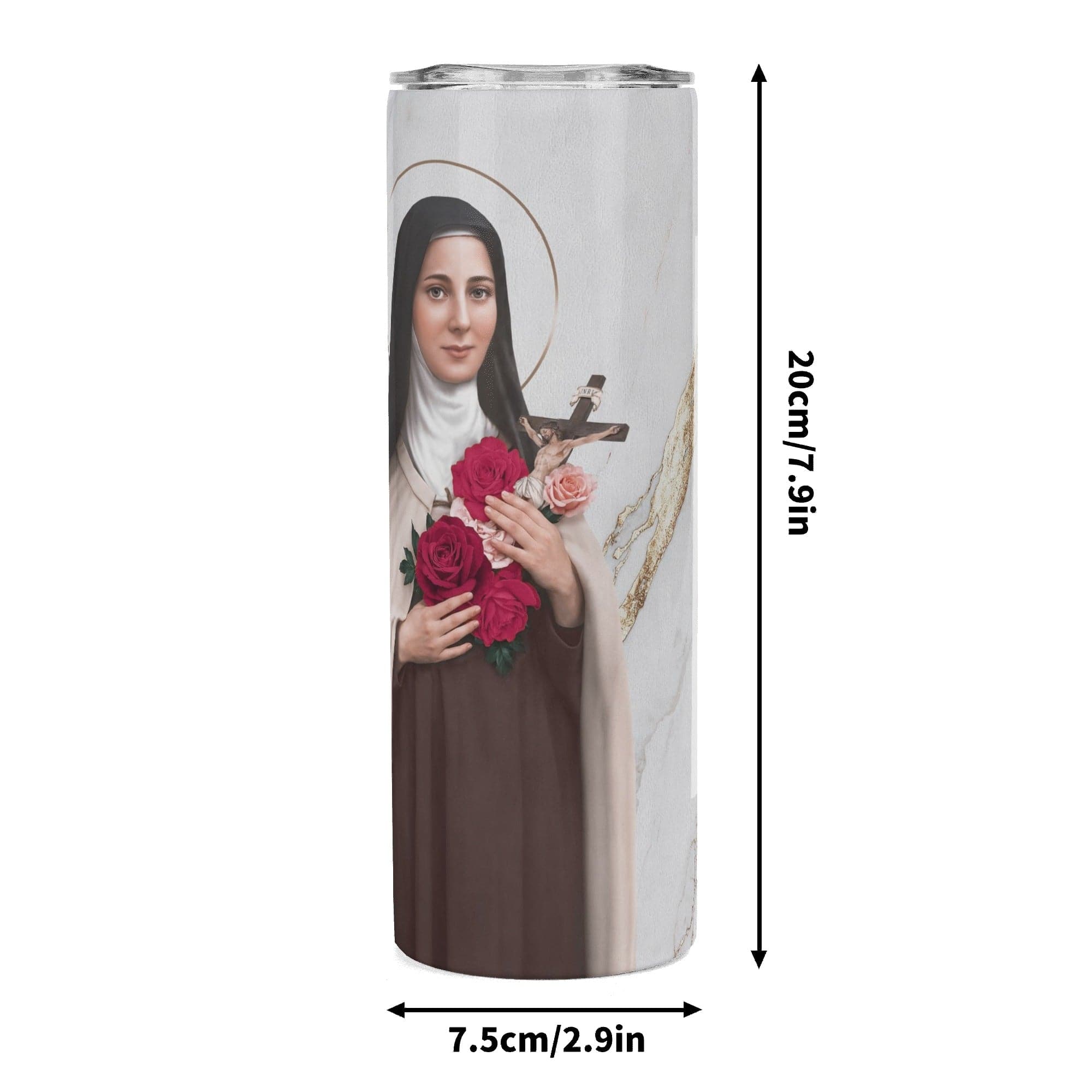 St. Therese of Lisieux Lord's Prayer Skinny Tumbler (Blanc Marble 20 oz) Copyright VENXARA