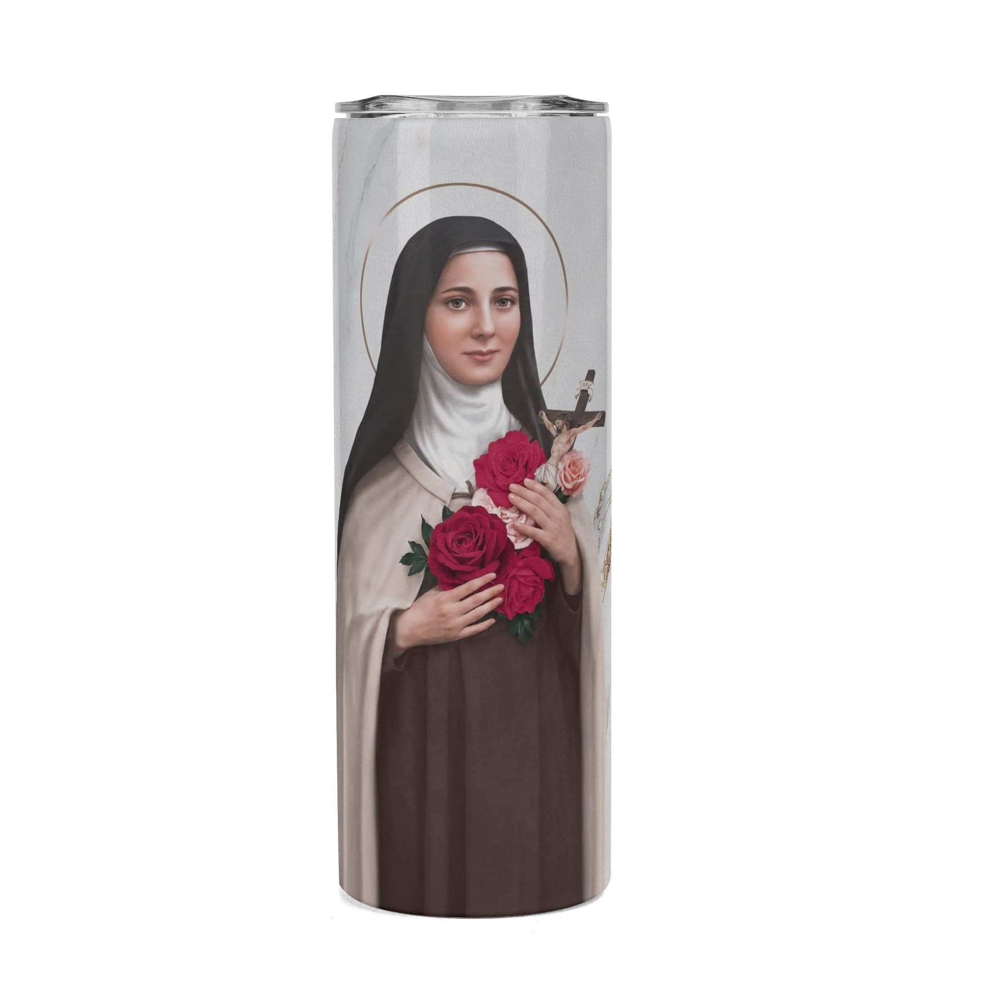 St. Therese of Lisieux Lord's Prayer Skinny Tumbler (Blanc Marble 20 oz) Copyright VENXARA