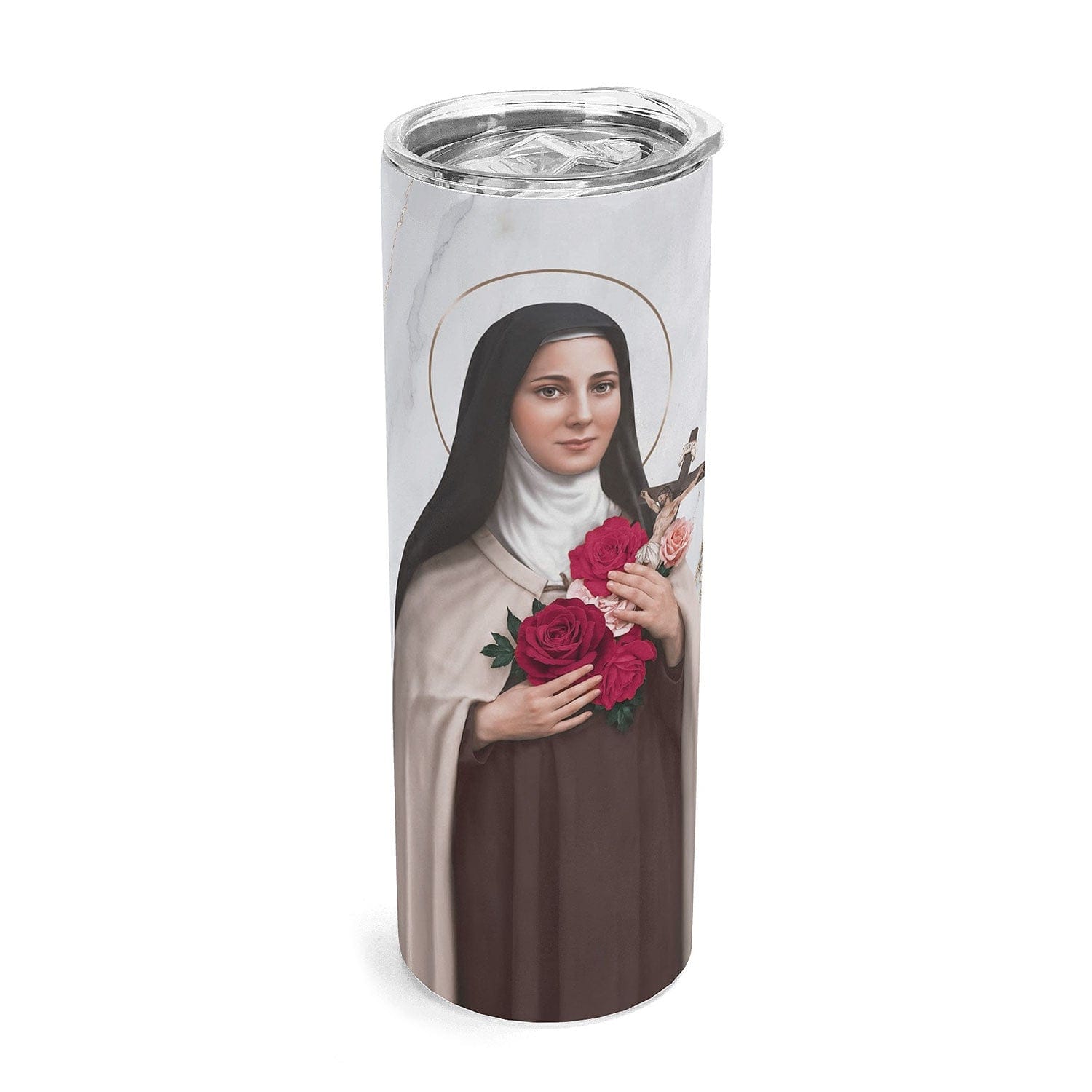 St. Therese of Lisieux Lord's Prayer Skinny Tumbler (Blanc Marble 20 oz) Copyright VENXARA