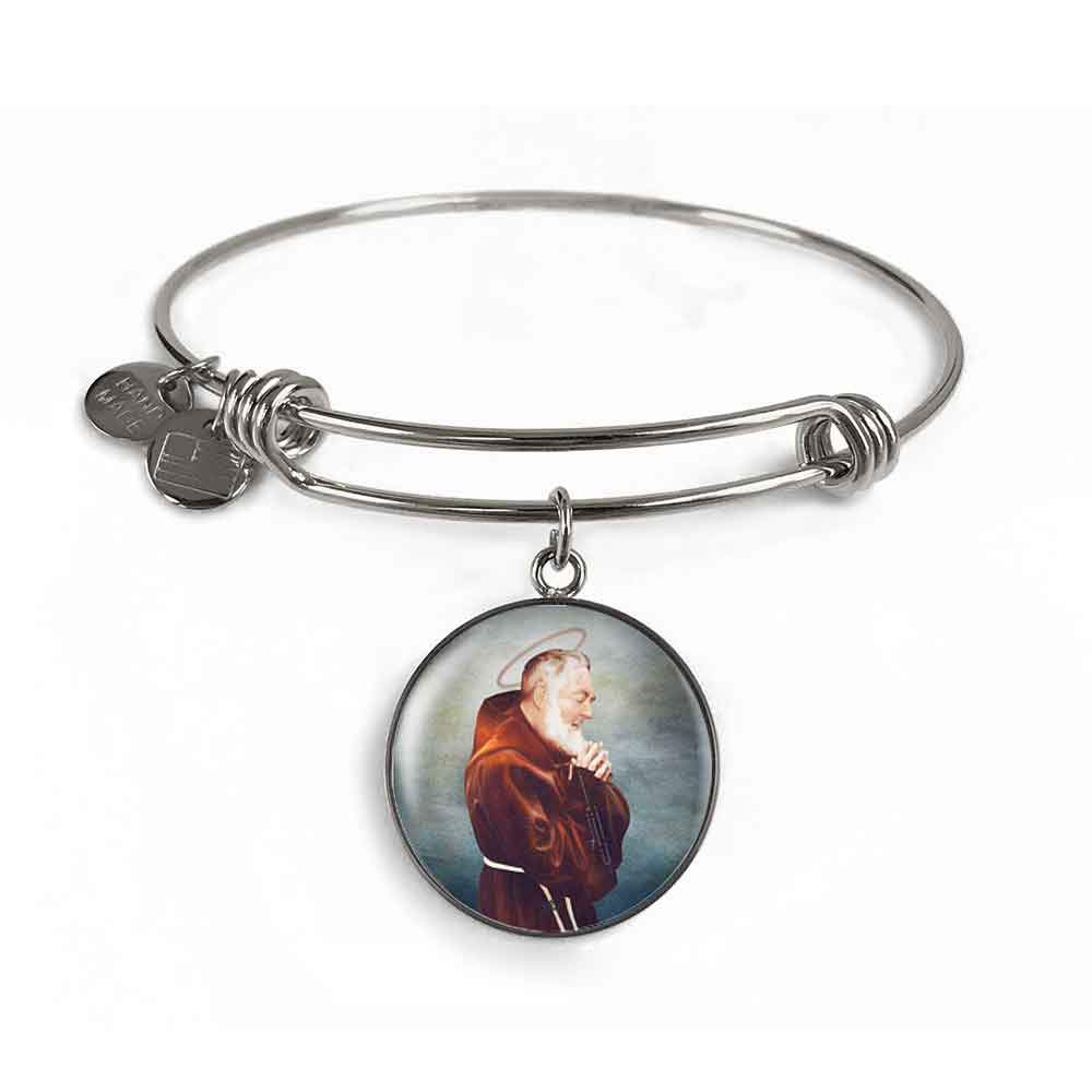 St. Pio Charm Bangle Bracelet in Surgical Steel