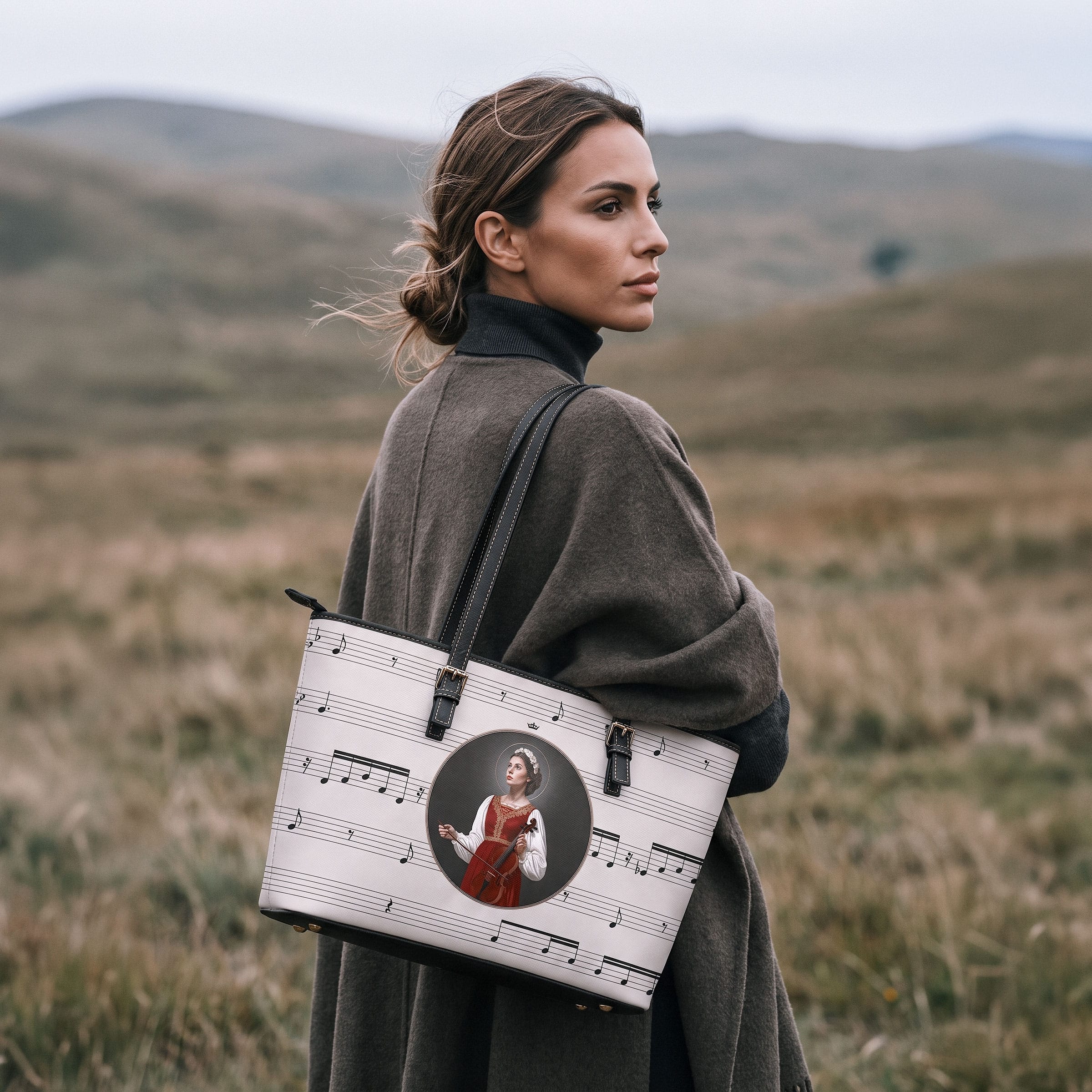 St. Cecilia Tote Bag (Music Notes Sand) Copyright VENXARA