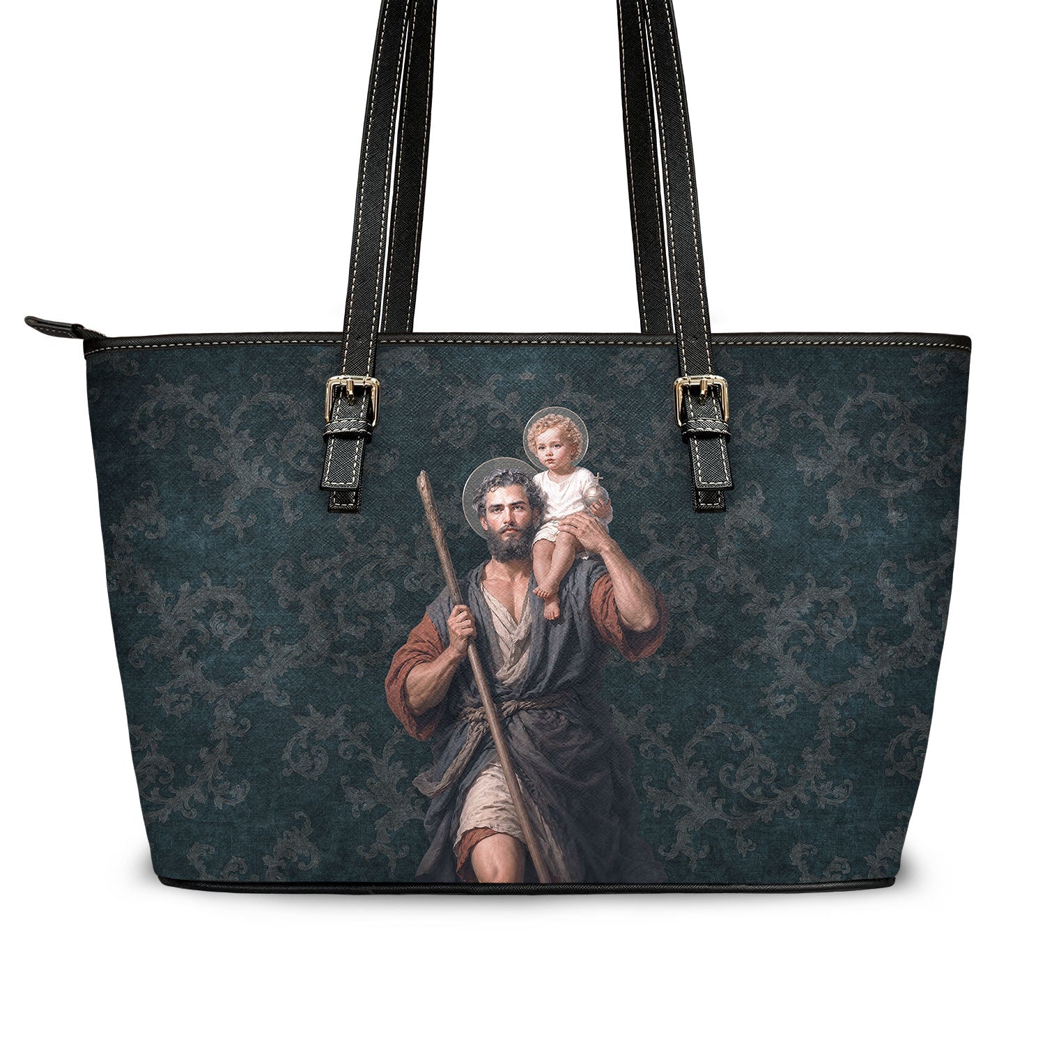 St. Christopher Tote Bag (Damask Dark Blue)