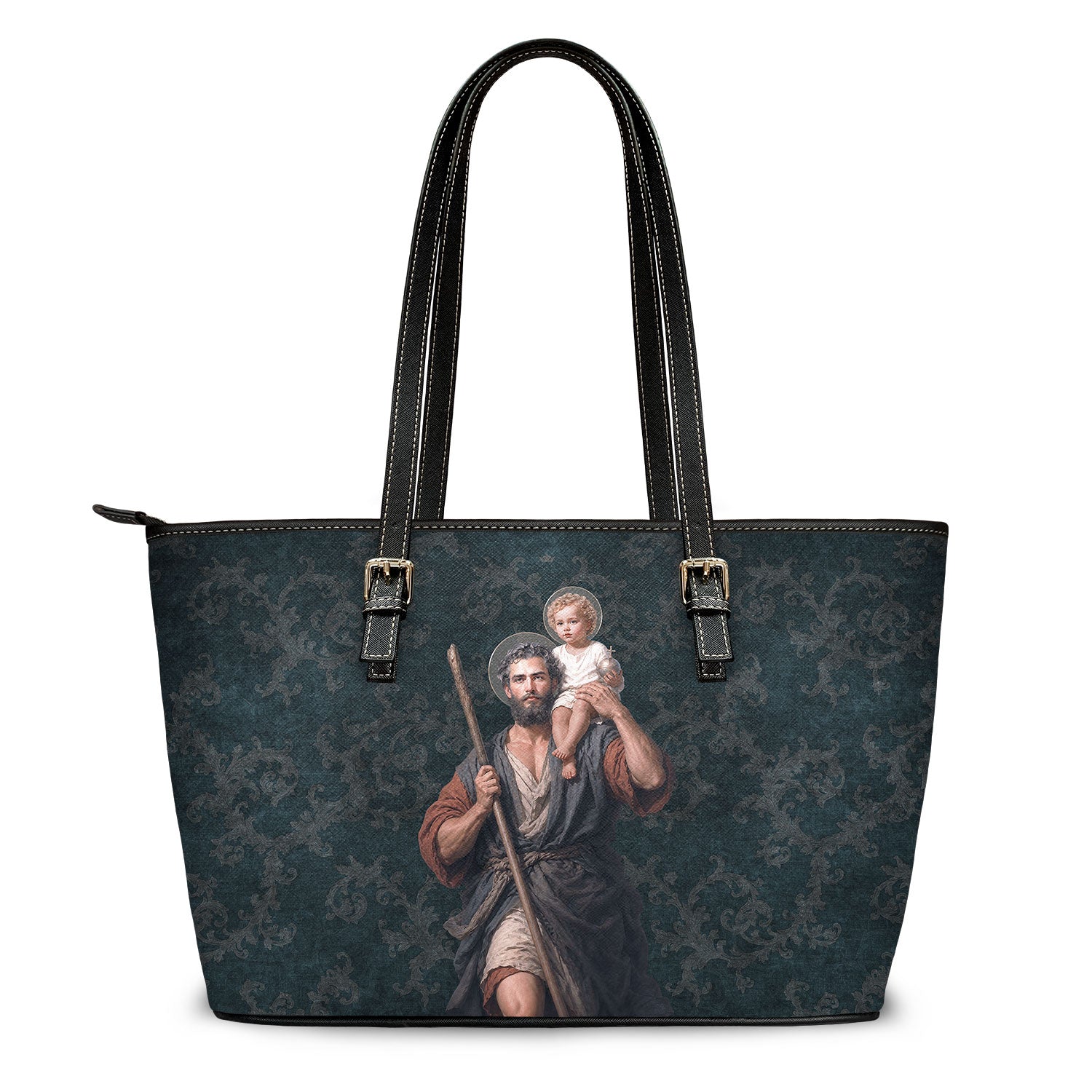 St. Christopher Tote Bag (Damask Dark Blue)