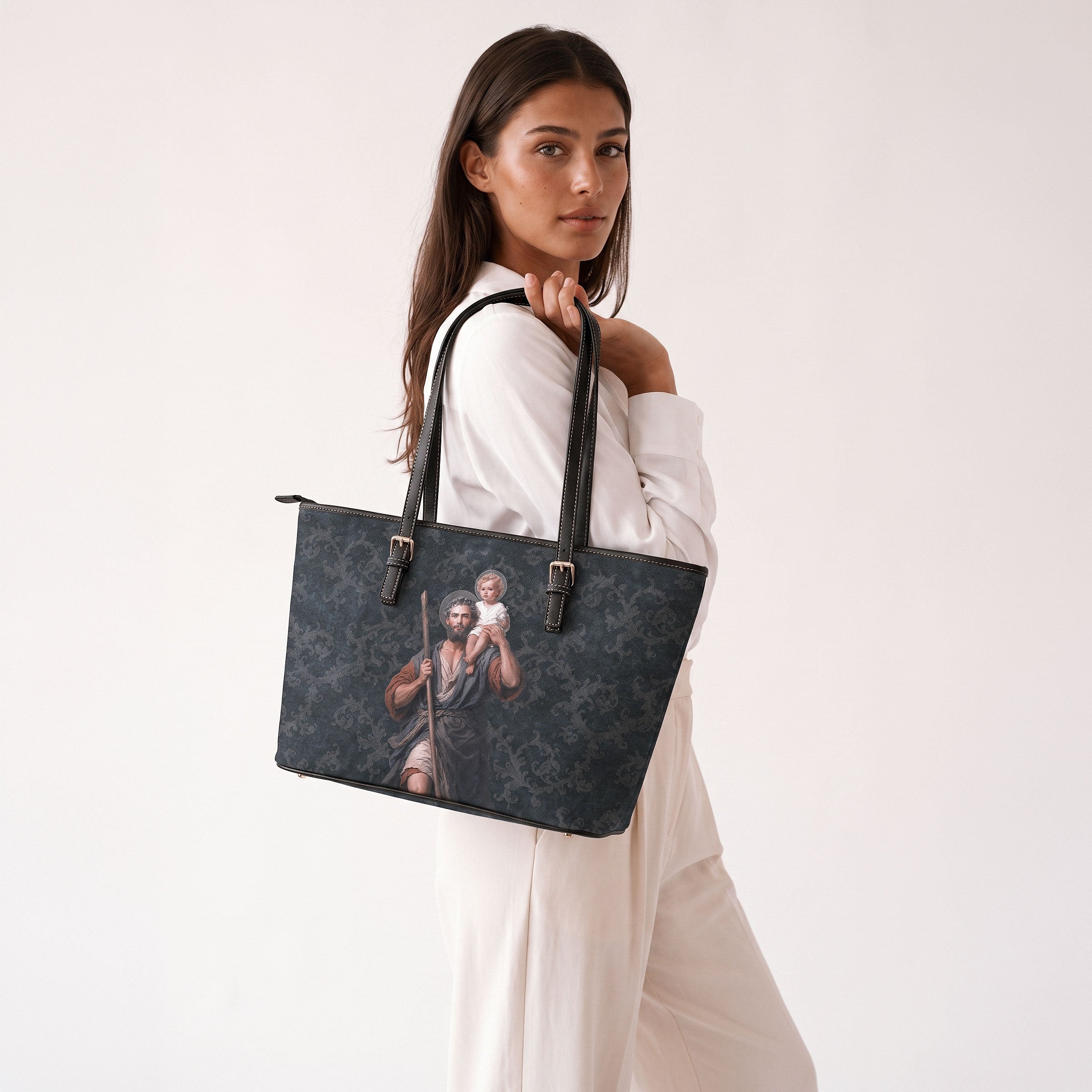 St. Christopher Tote Bag (Damask Dark Blue)