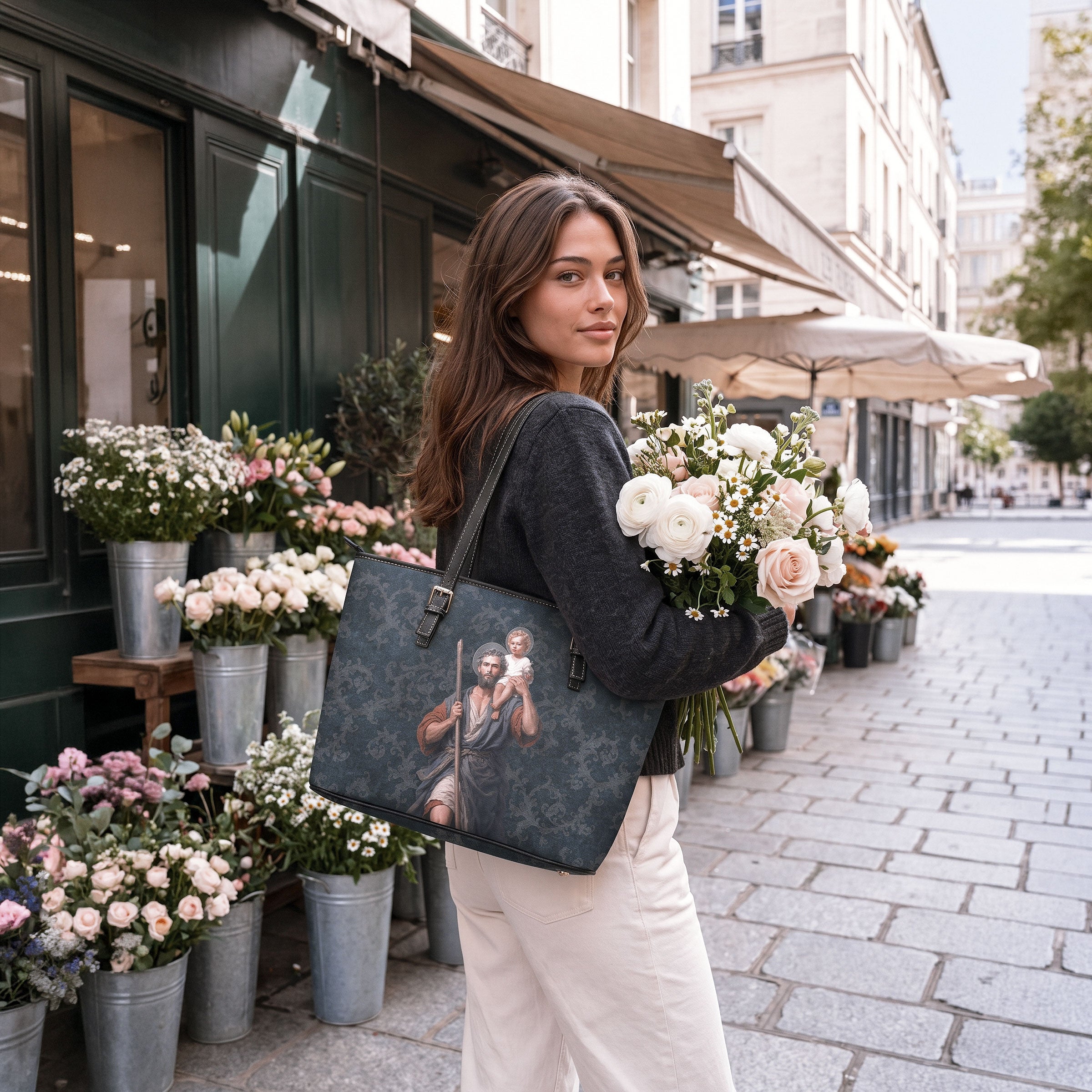 St. Christopher Tote Bag (Damask Dark Blue)
