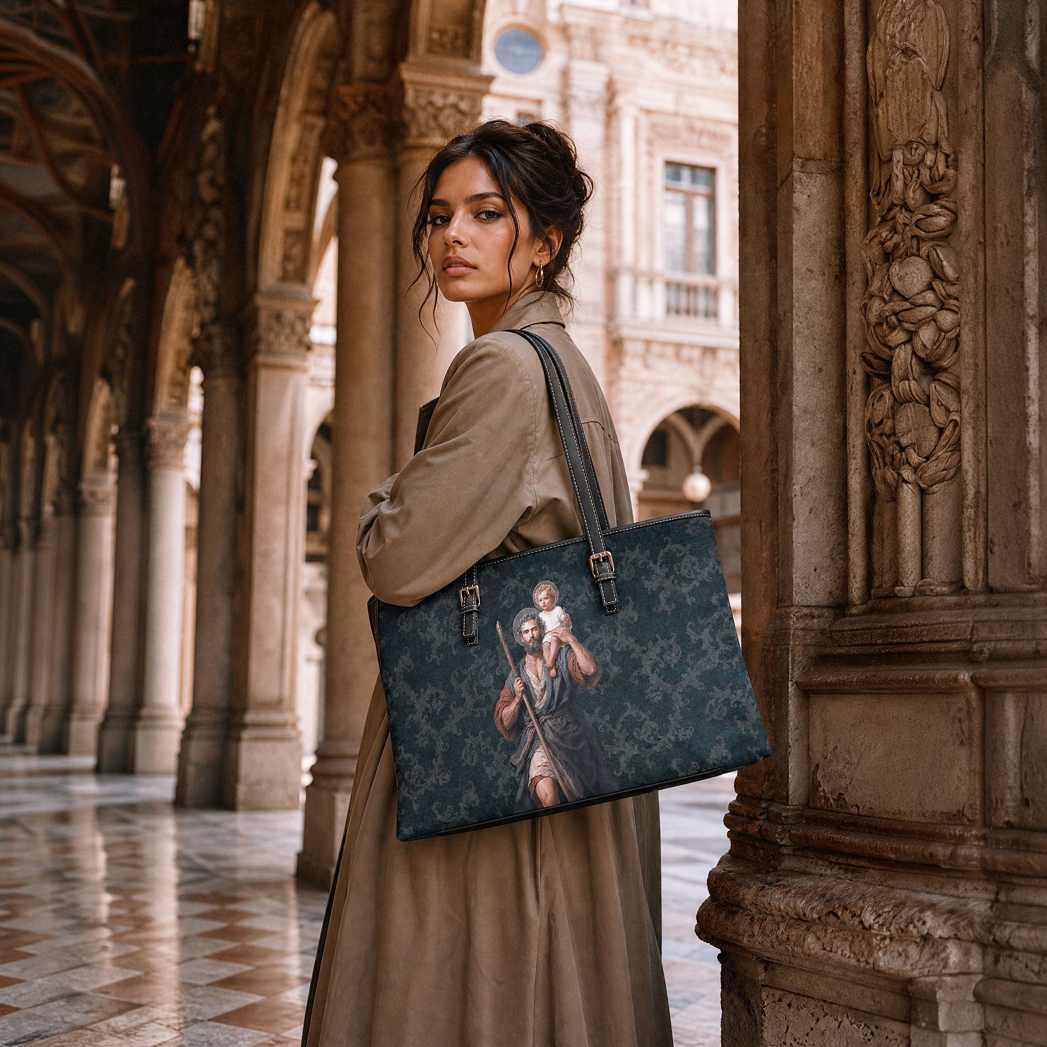 St. Christopher Tote Bag (Damask Dark Blue)