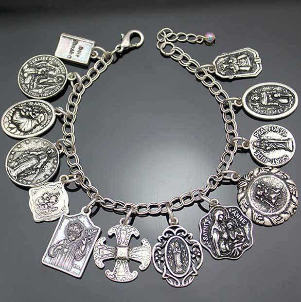 Assembly of Saints Bracelet of Medals in Antique Silver