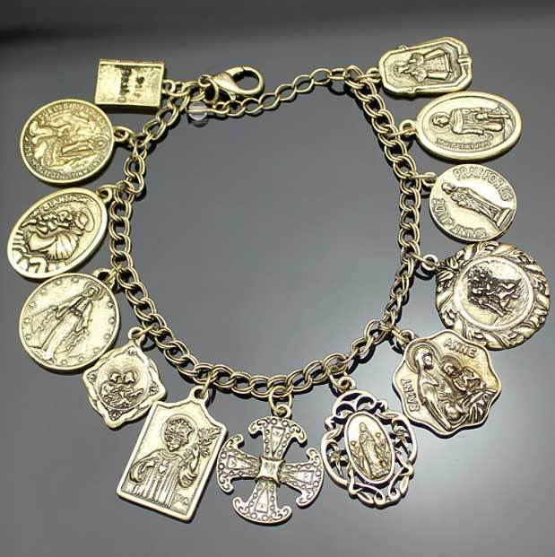 Assembly of Saints Bracelet of Medals in Antique Gold