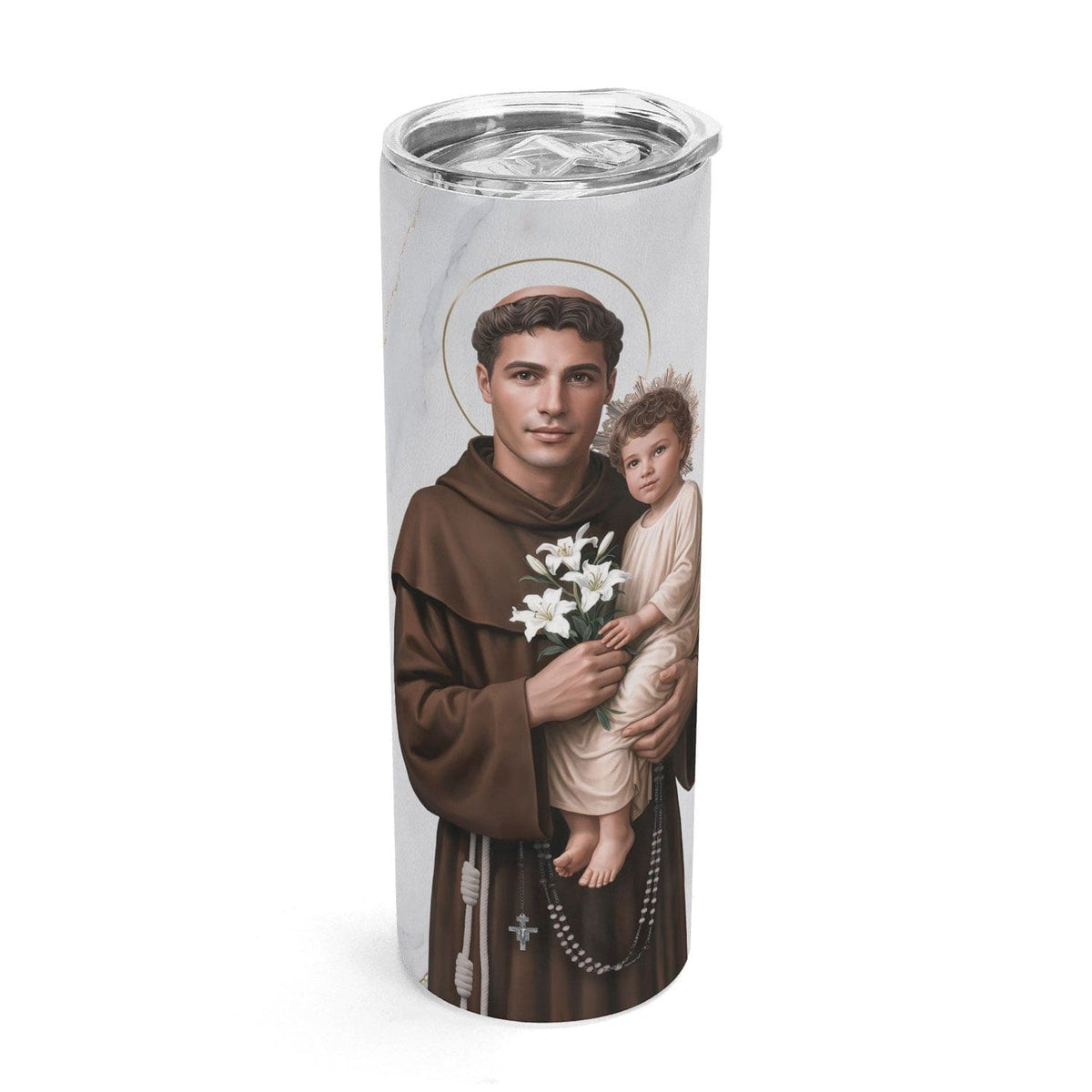 St. Anthony of Padua Lord's Prayer Skinny Tumbler (Blanc Marble 20 oz) Copyright VENXARA