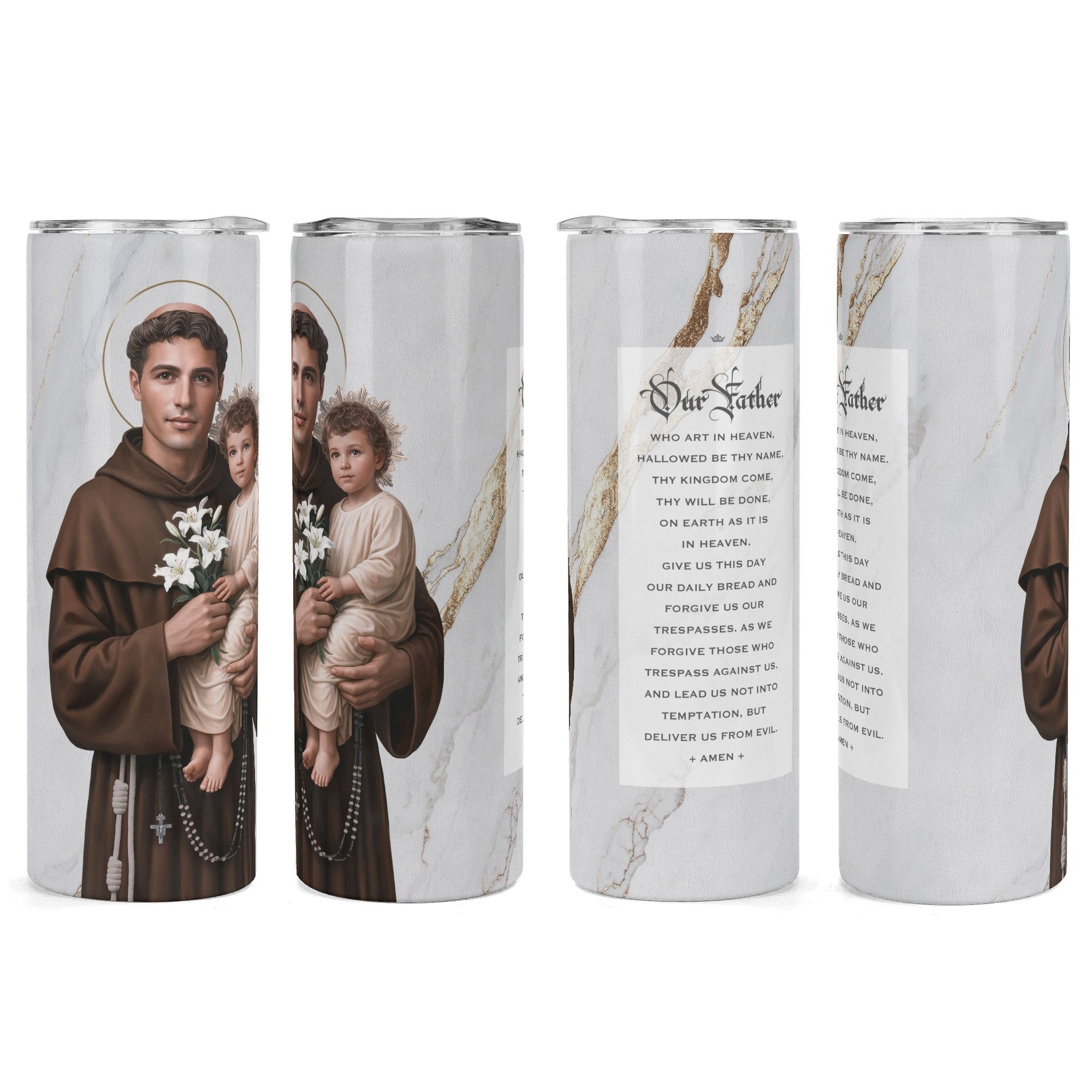 St. Anthony of Padua Lord's Prayer Skinny Tumbler (Blanc Marble 20 oz) - VENXARA