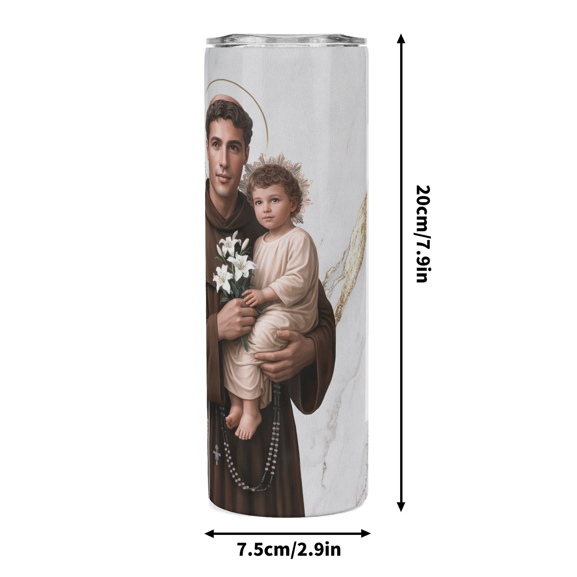 St. Anthony of Padua Lord's Prayer Skinny Tumbler (Blanc Marble 20 oz) - VENXARA