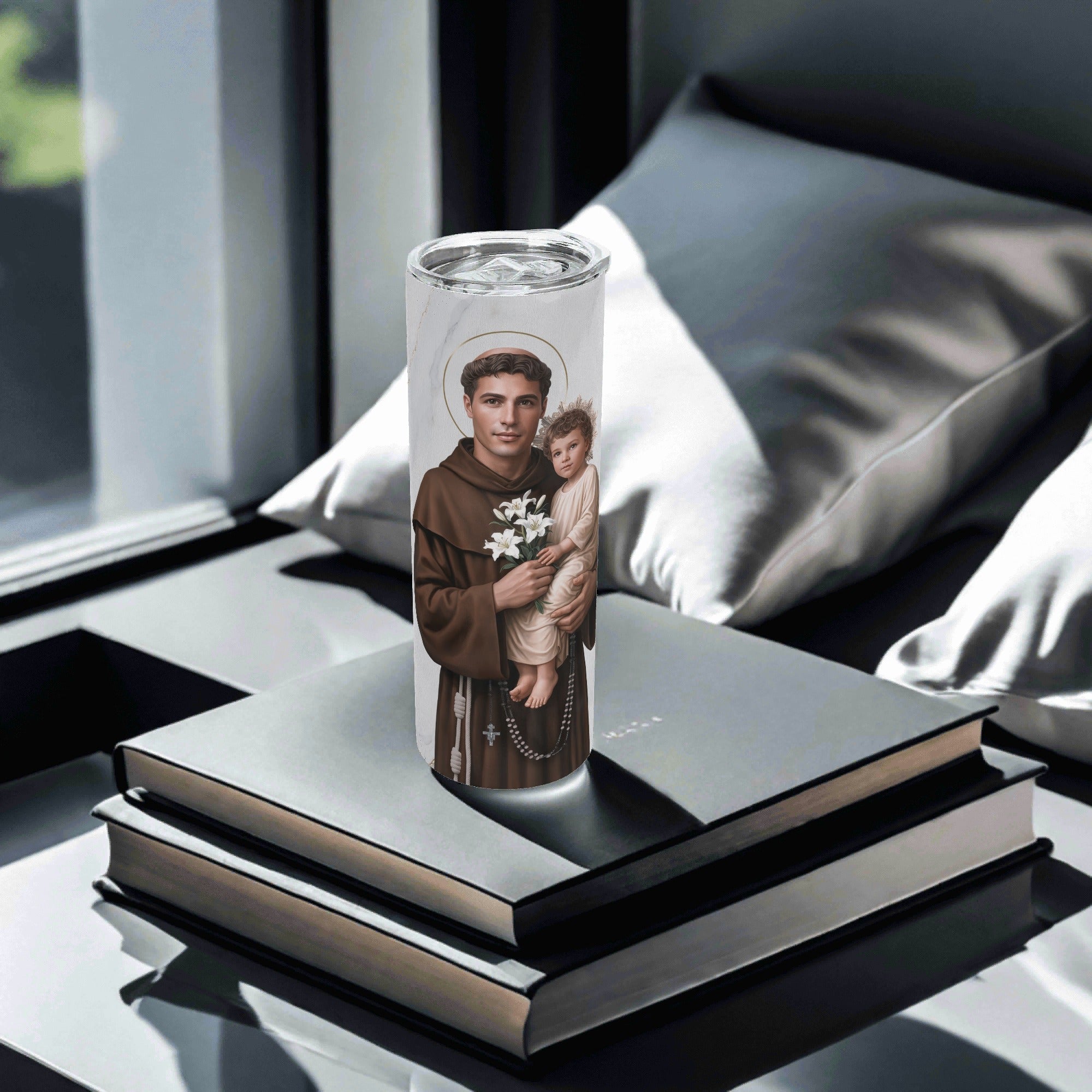 St. Anthony of Padua Lord's Prayer Skinny Tumbler (Blanc Marble 20 oz) - VENXARA
