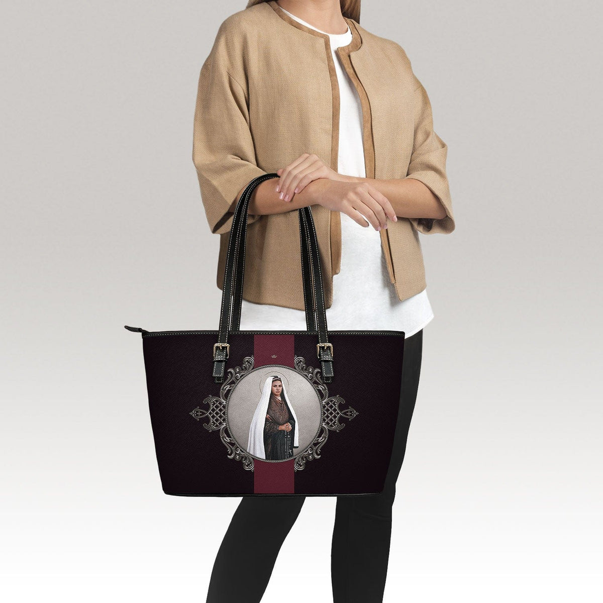 St. Bernadette Medallion Tote Bag (Black) Copyright VENXARA