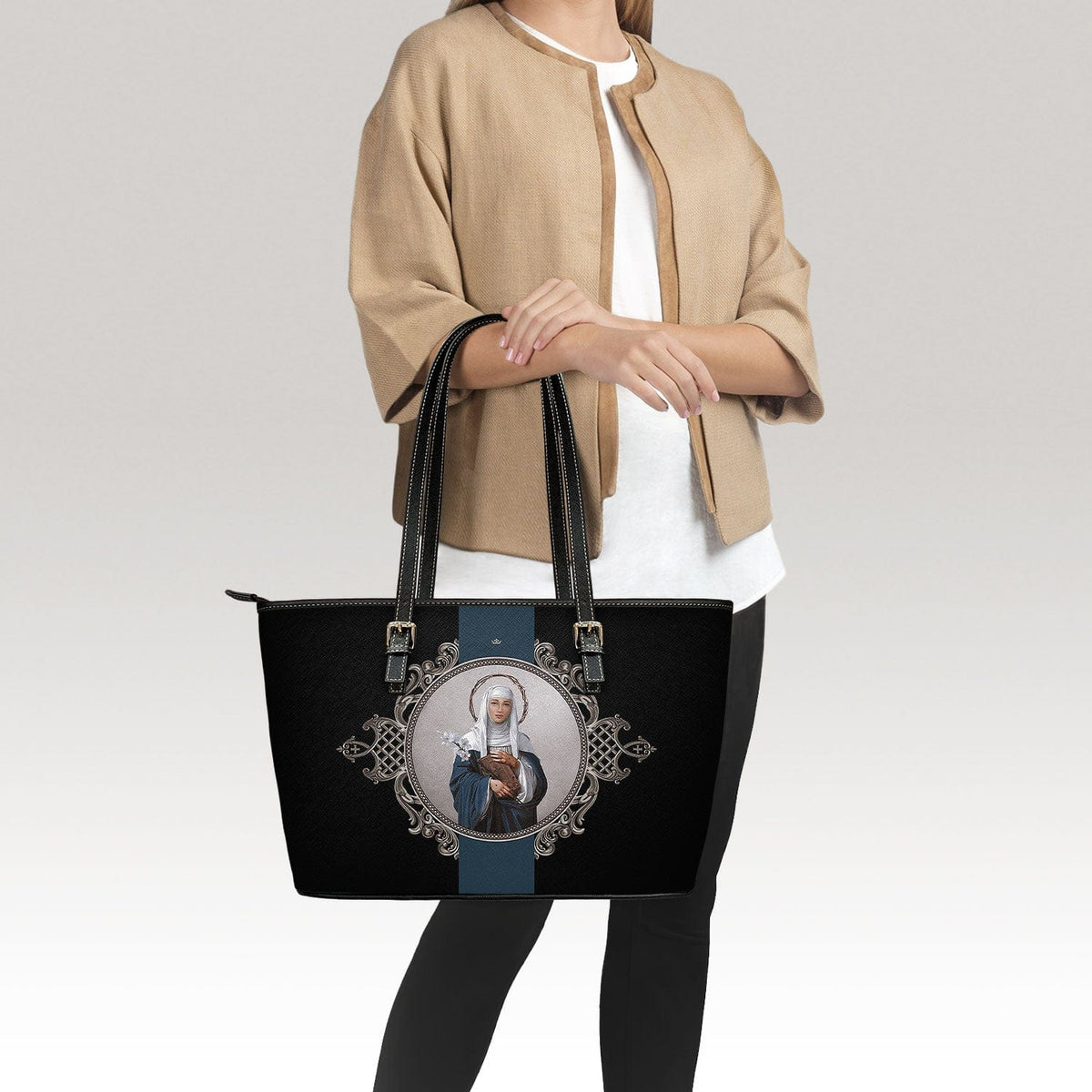 St. Catherine of Siena Medallion Tote Bag (Black) Copyright VENXARA