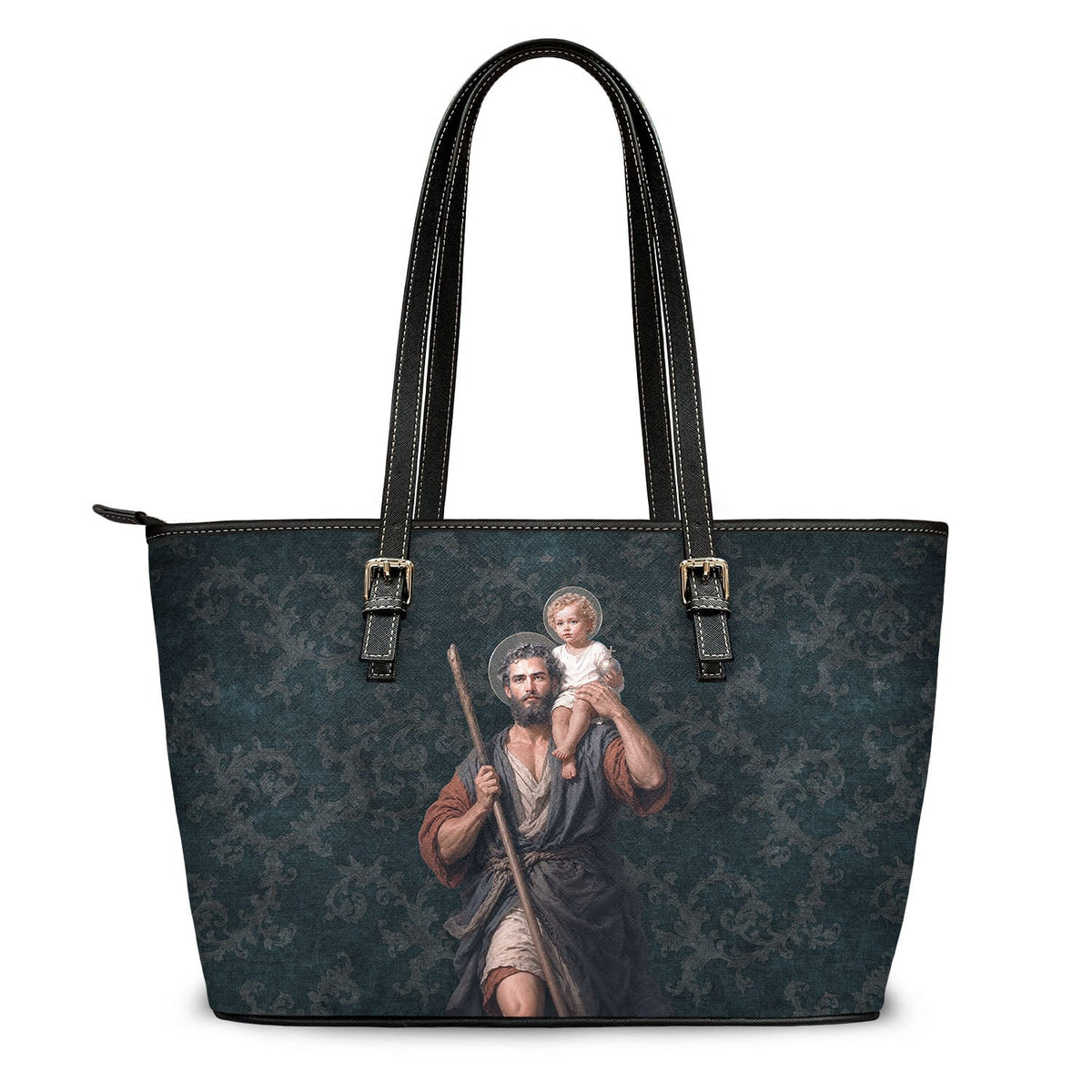 St. Christopher Tote Bag (Damask Dark Blue) Copyright VENXARA