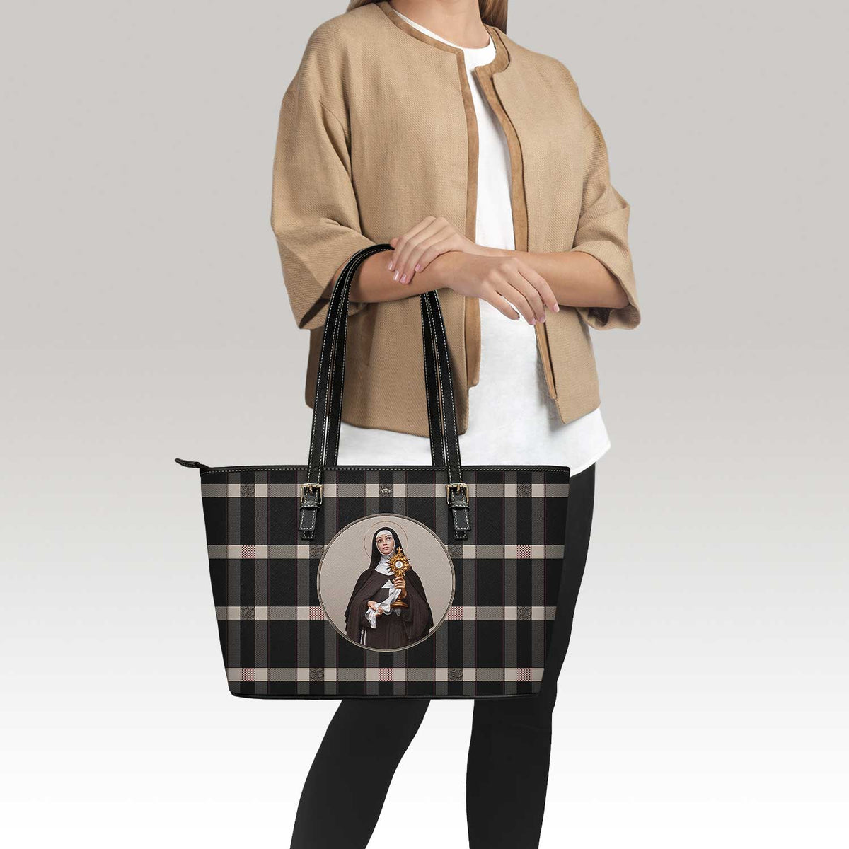 St. Clare of Assisi Tote Bag (Plaid) Copyright VENXARA