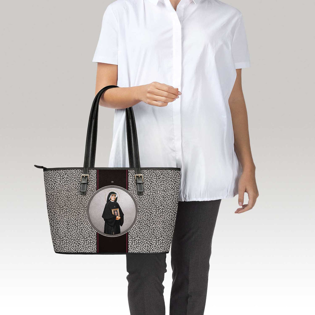 St. Faustina Medallion Tote Bag (Leopard) Copyright VENXARA