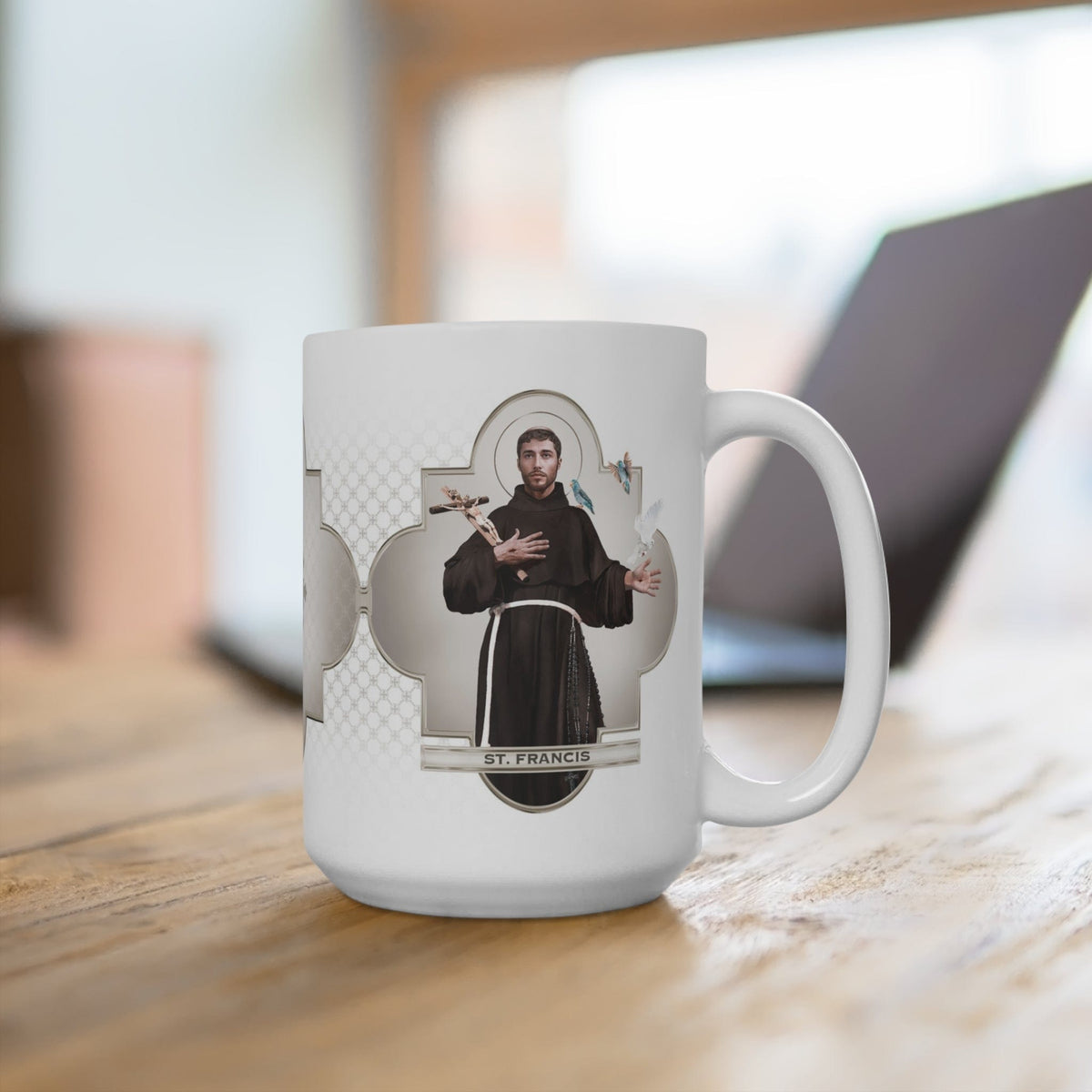 St. Francis of Assisi Ceramic Mug (White 15 oz) Copyright VENXARA