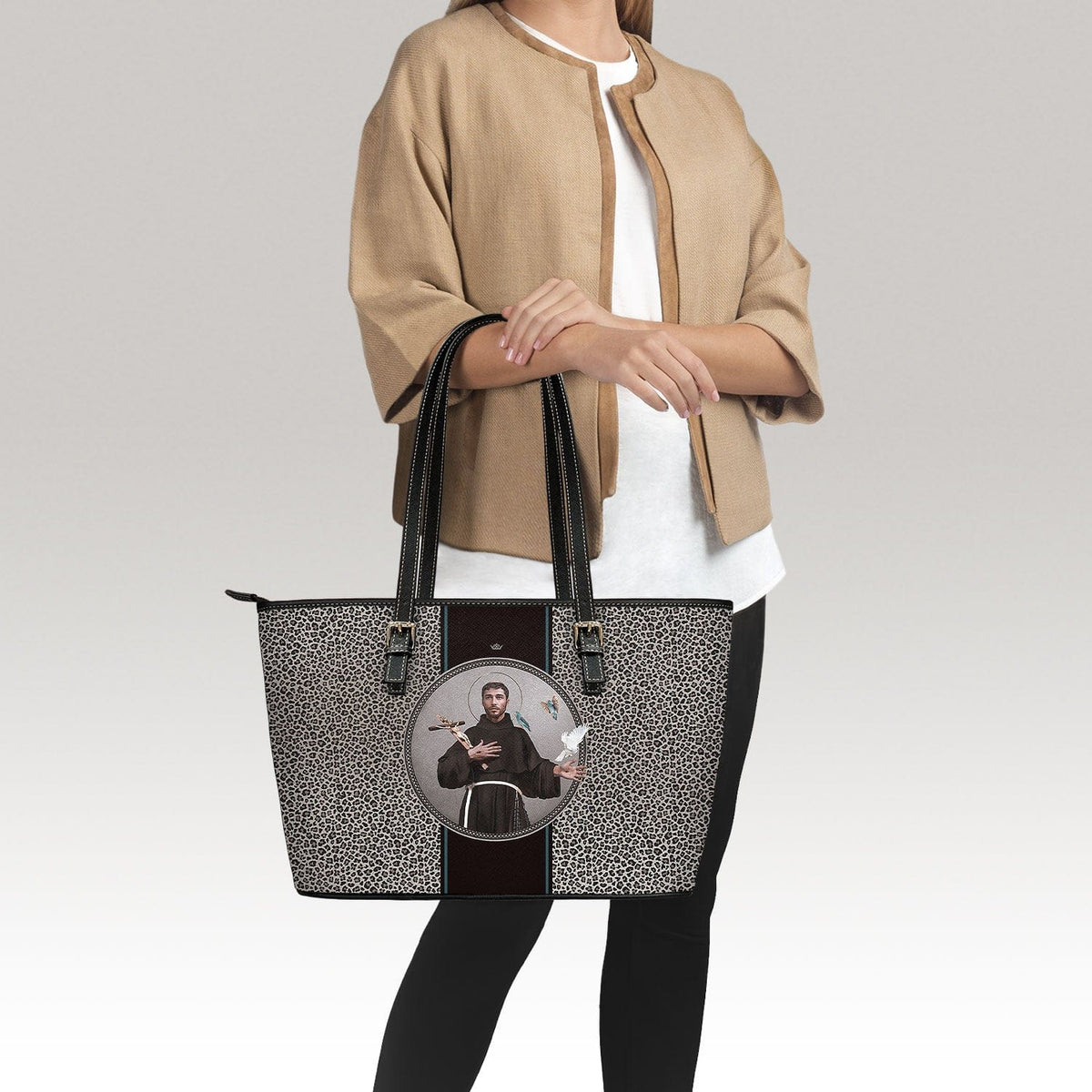 St. Francis of Assisi Medallion Tote Bag (Leopard) Copyright VENXARA