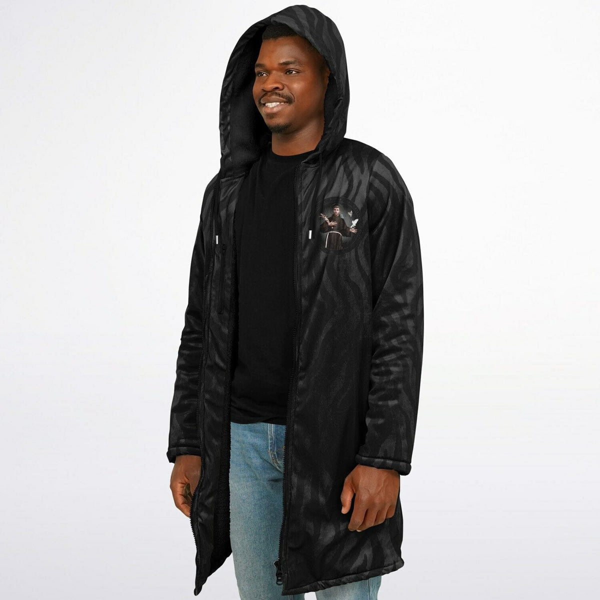 St. Francis of Assisi Zipper Microfleece Cloak (Black Platinum Stripe) Copyright VENXARA