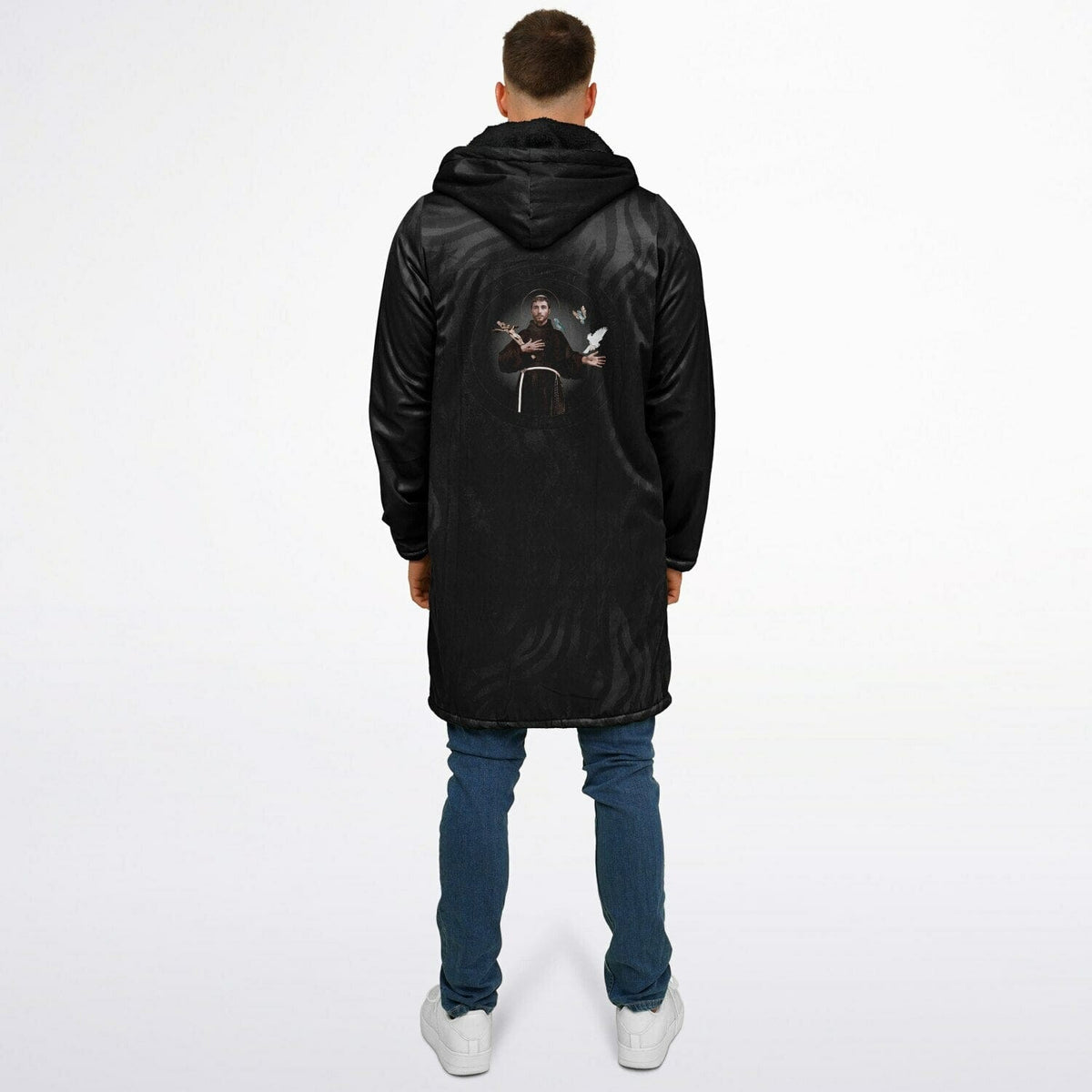 St. Francis of Assisi Zipper Microfleece Cloak (Black Platinum Stripe) Copyright VENXARA