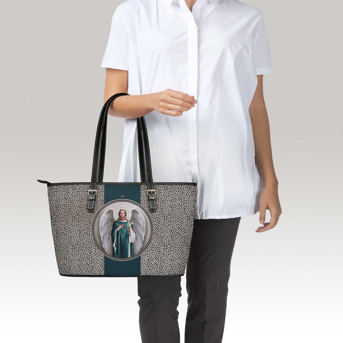 St. Gabriel the Archangel Medallion Tote Bag (Leopard) Copyright VENXARA