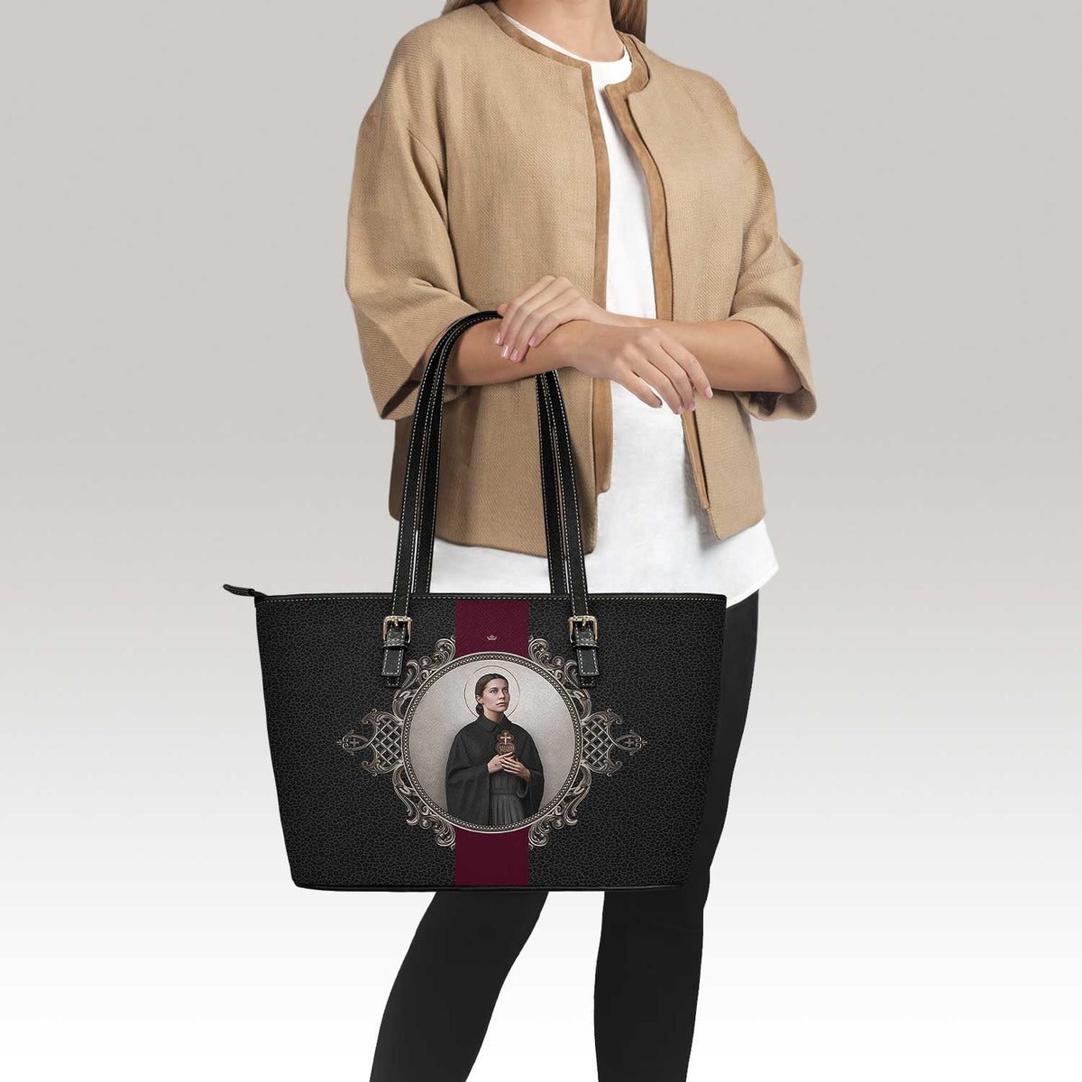 St. Gemma Galgani Medallion Tote Bag (Black Leopard) Copyright VENXARA