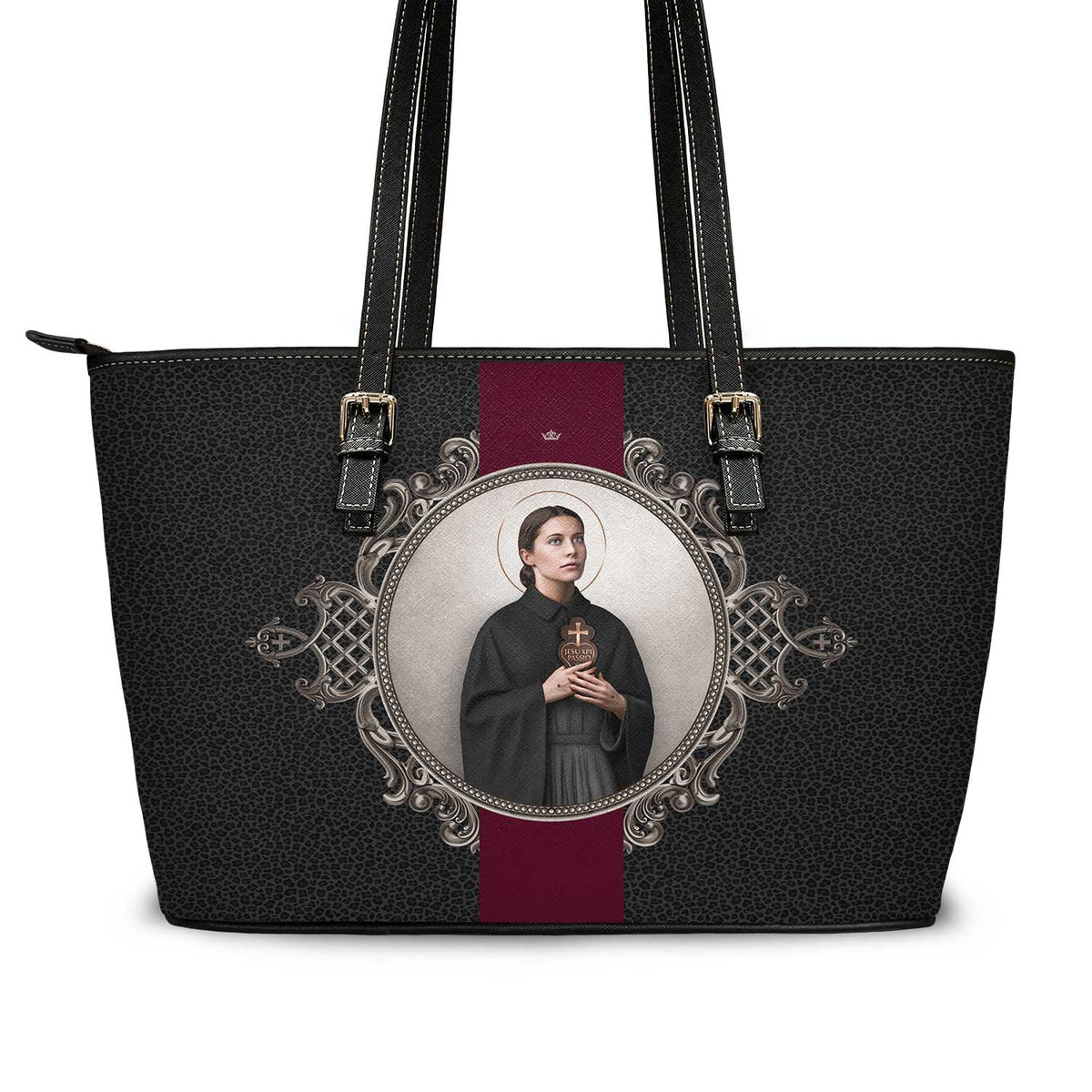 St. Gemma Galgani Medallion Tote Bag (Black Leopard) Copyright VENXARA