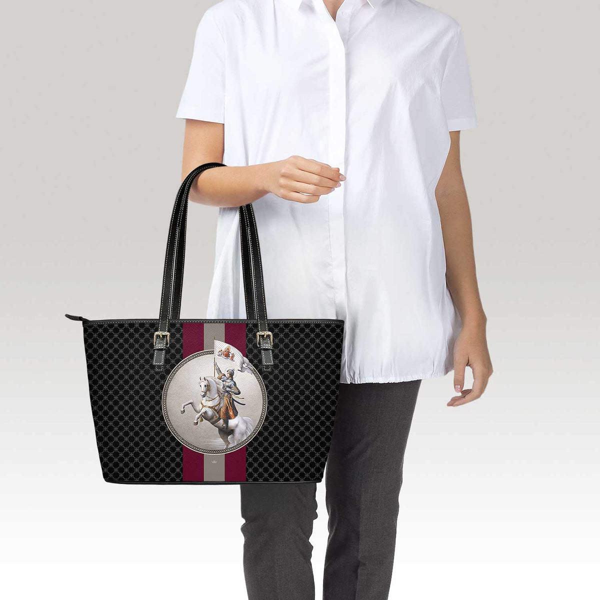 St. Joan of Arc in Battle Medallion Tote Bag (Charcoal) Copyright VENXARA
