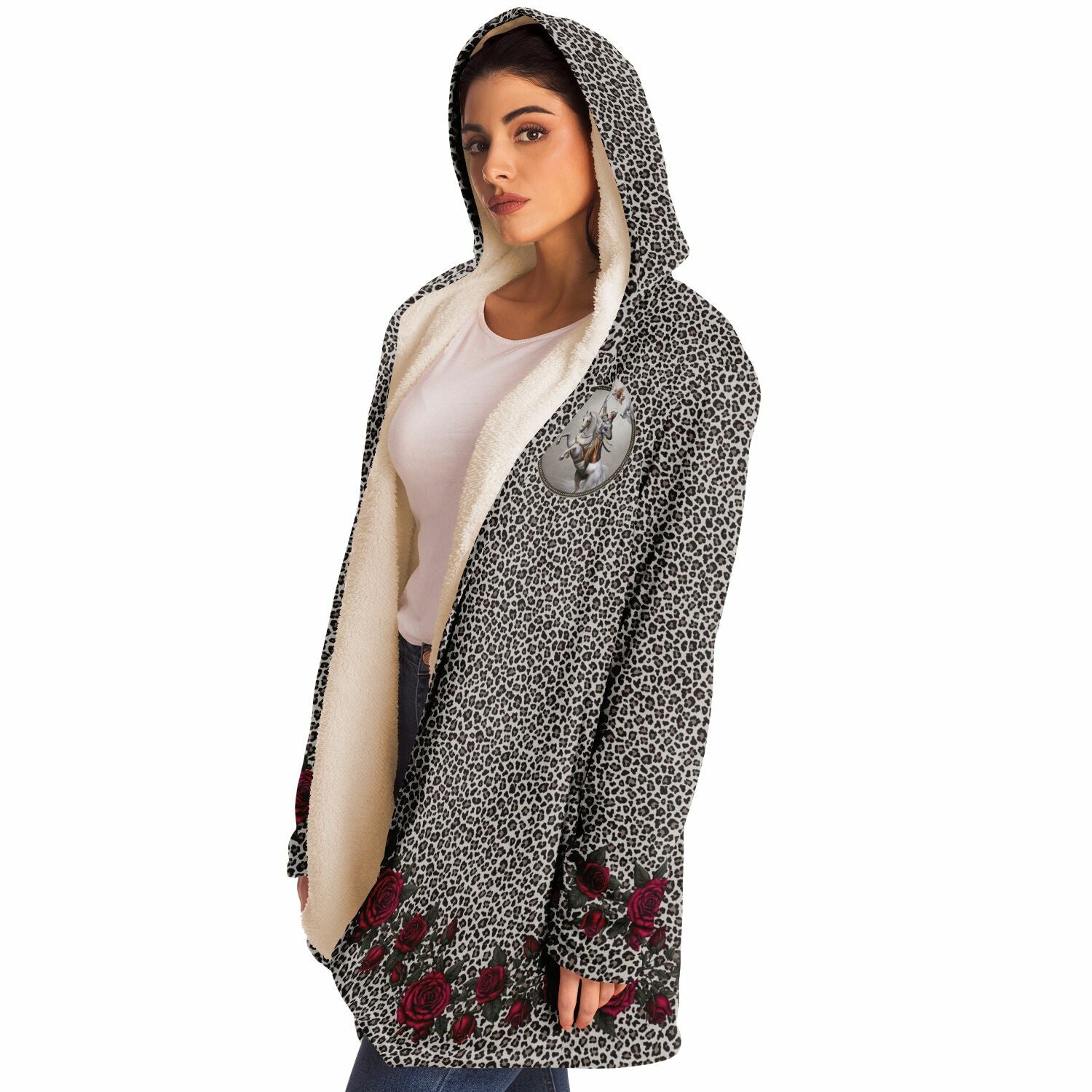 St. Joan of Arc in Battle Microfleece Cloak (Leopard Roses) - VENXARA®