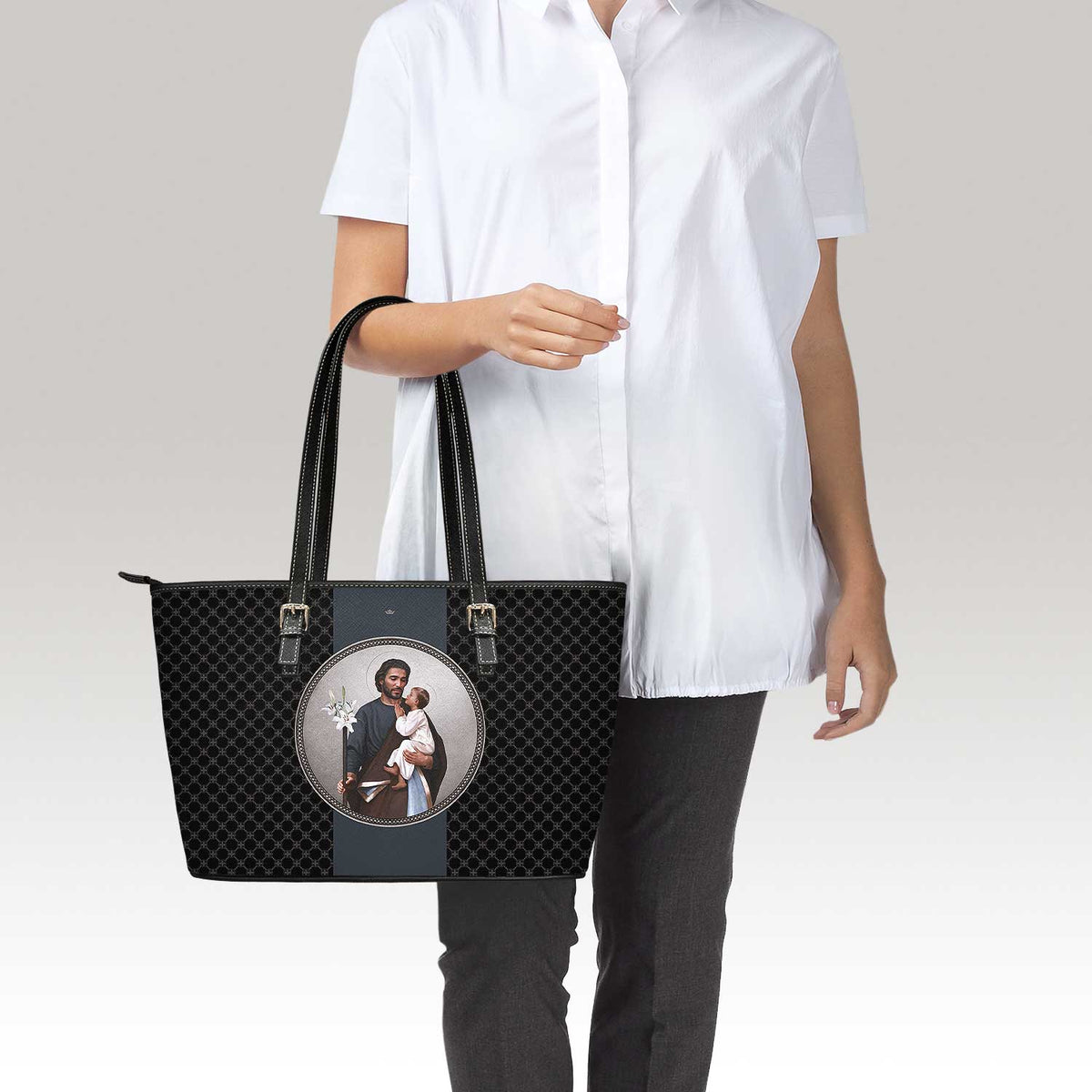 St. Joseph Medallion Tote Bag (Black) Copyright VENXARA