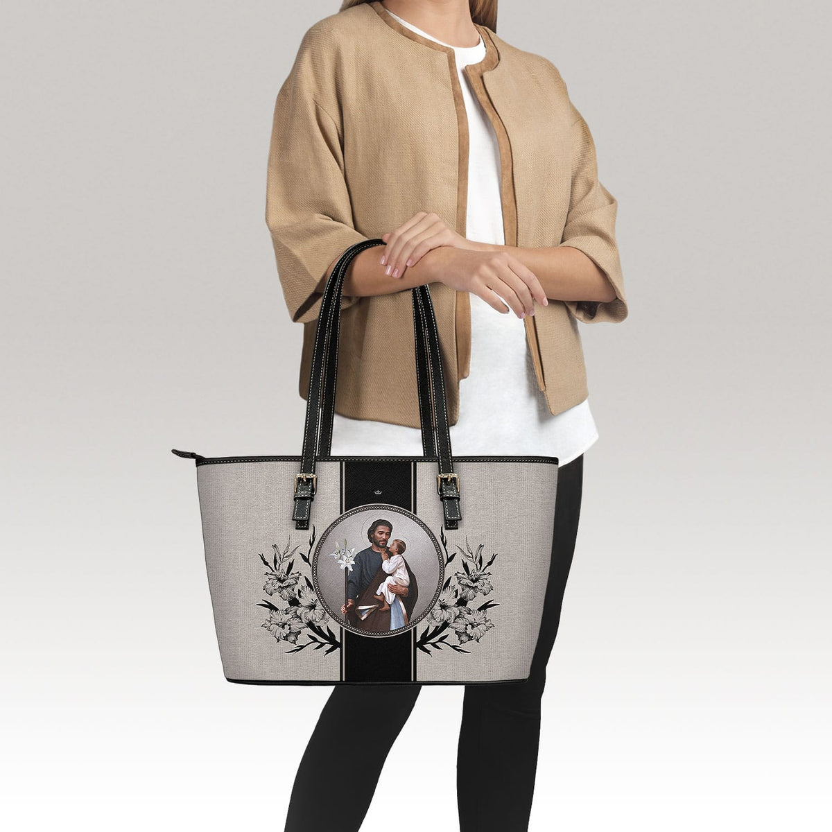St. Joseph Medallion Tote Bag (Vintage Floral Beige) Copyright VENXARA