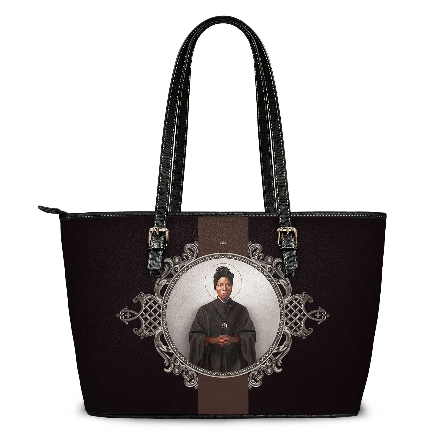St. Josephine Bakhita Medallion Tote Bag (Black) Copyright VENXARA