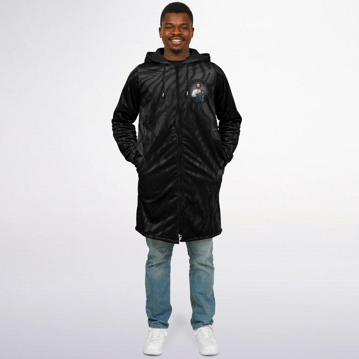 St. Jude Zipper Microfleece Cloak (Black Platinum Stripe) Copyright VENXARA