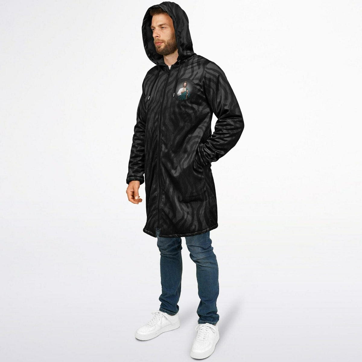 St. Jude Zipper Microfleece Cloak (Black Platinum Stripe) Copyright VENXARA