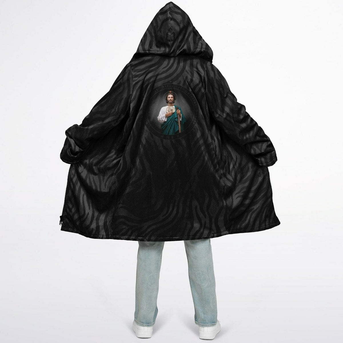 St. Jude Zipper Microfleece Cloak (Black Platinum Stripe) Copyright VENXARA