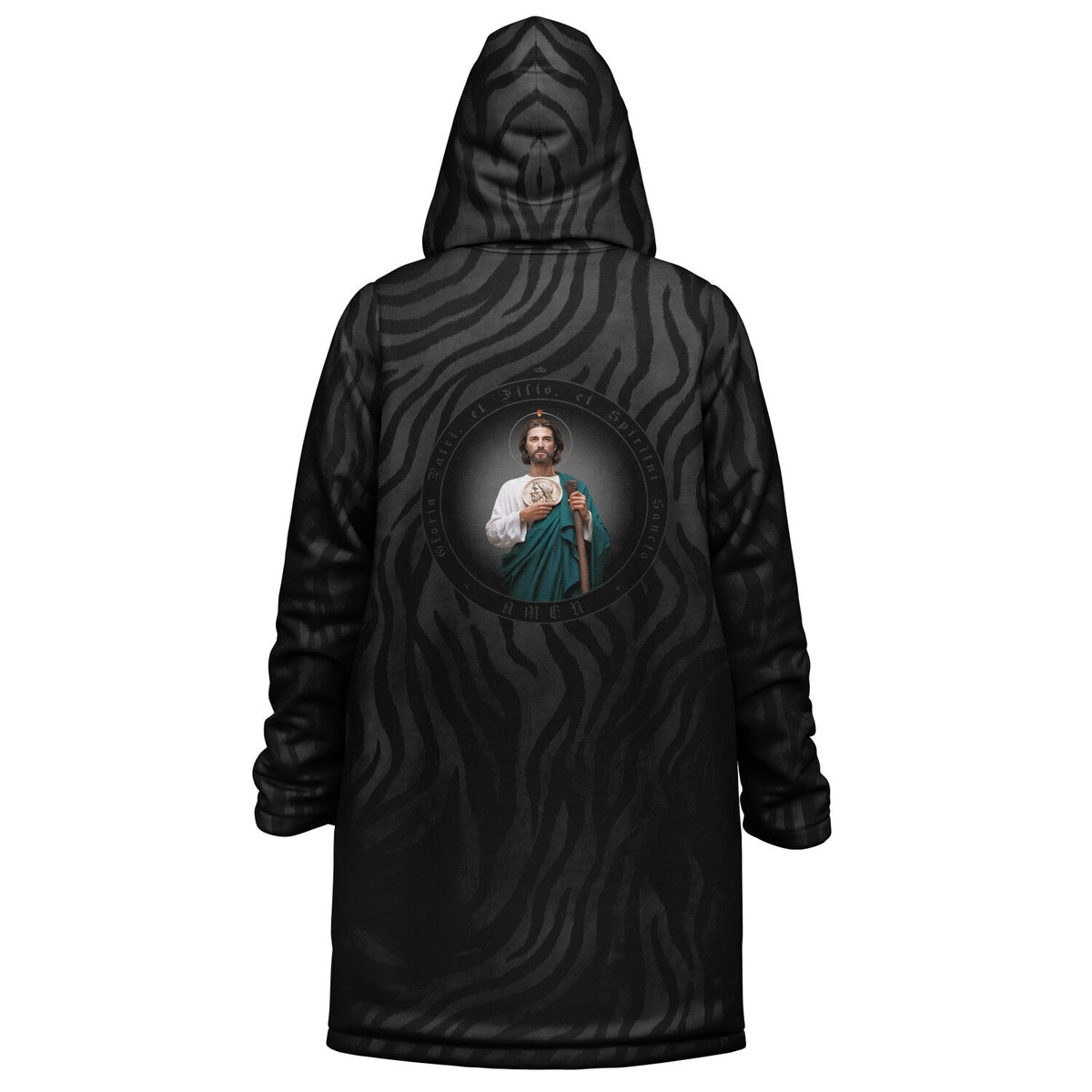 St. Jude Zipper Microfleece Cloak (Black Platinum Stripe) Copyright VENXARA