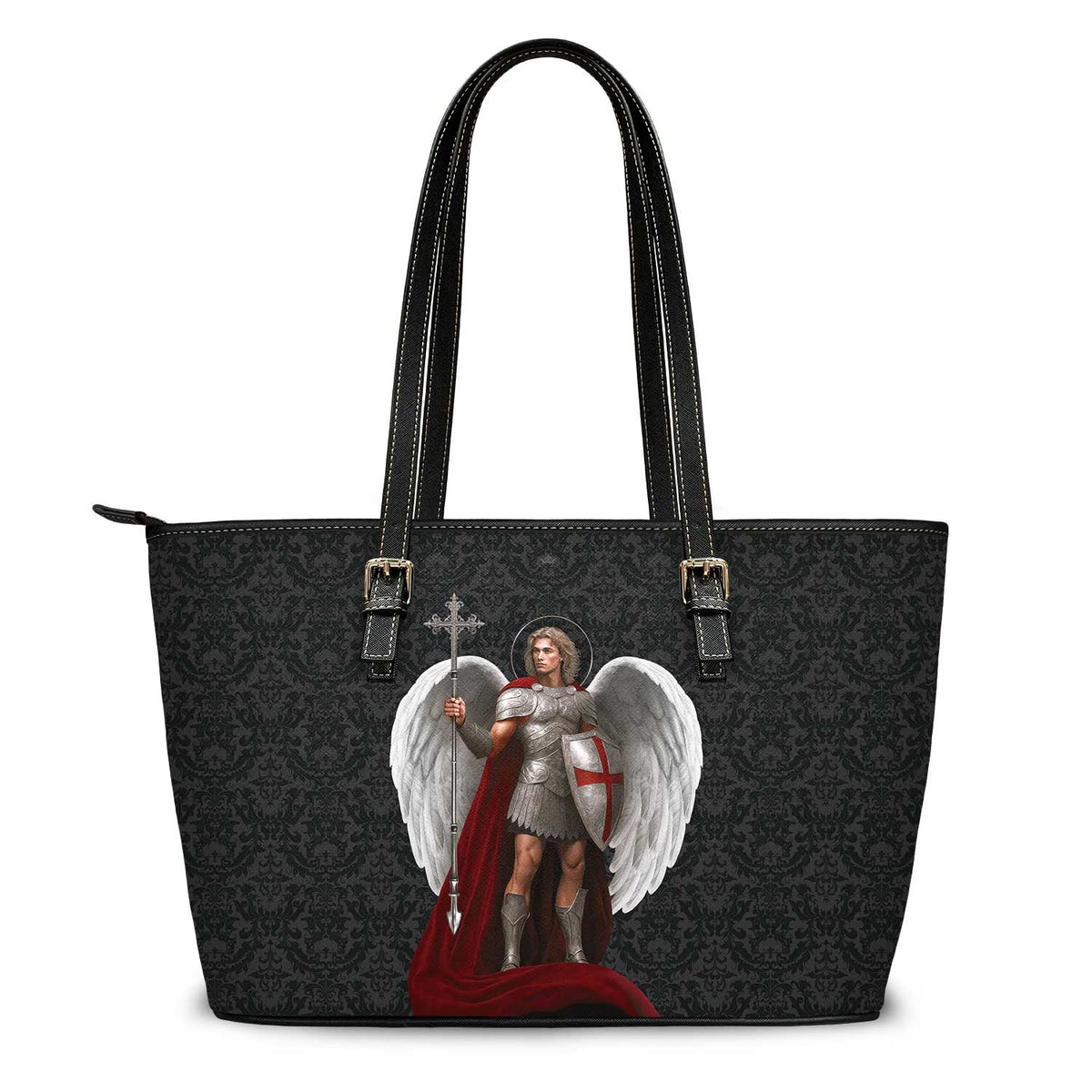 St. Michael the Archangel Victorious Tote Bag (Black Damask) Copyright VENXARA