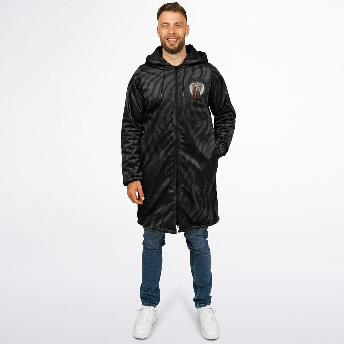 St. Michael the Archangel Victorious Zipper Microfleece Cloak (Black Platinum Stripe) Copyright VENXARA