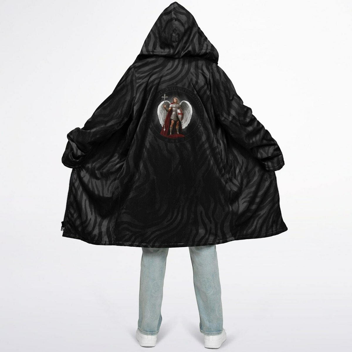 St. Michael the Archangel Victorious Zipper Microfleece Cloak (Black Platinum Stripe) Copyright VENXARA