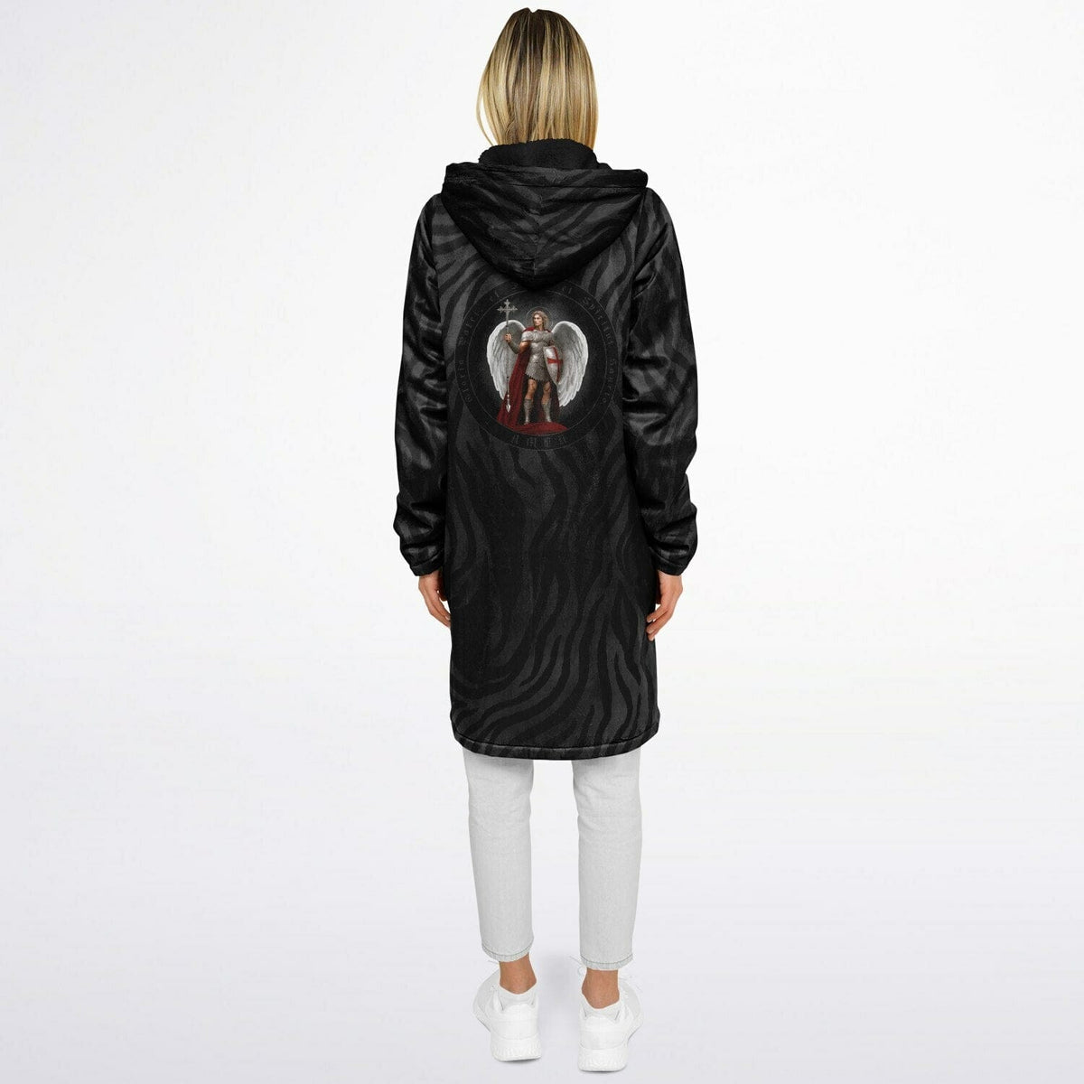 St. Michael the Archangel Victorious Zipper Microfleece Cloak (Black Platinum Stripe) Copyright VENXARA