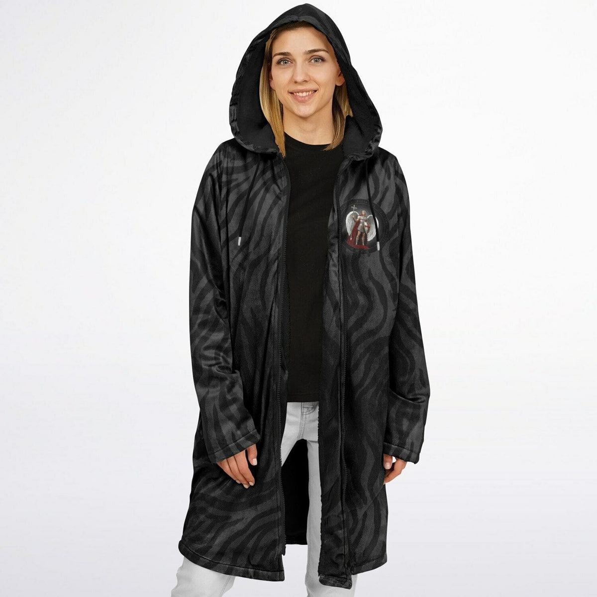 St. Michael the Archangel Victorious Zipper Microfleece Cloak (Black Platinum Stripe) Copyright VENXARA